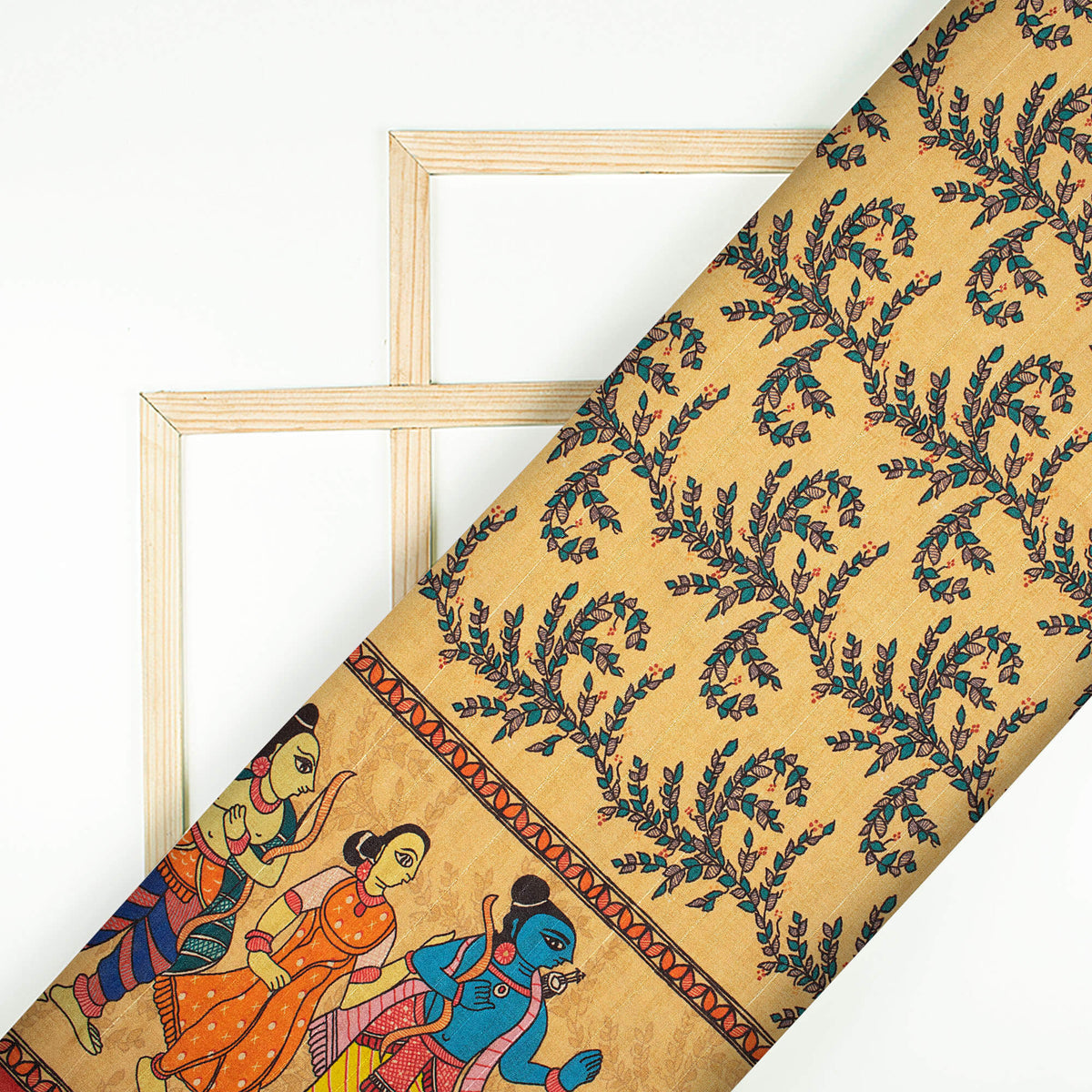 Sand Beige And Pine Green Madhubani Pattern Digital Print Art Tusser Silk Fabric - Fabcurate