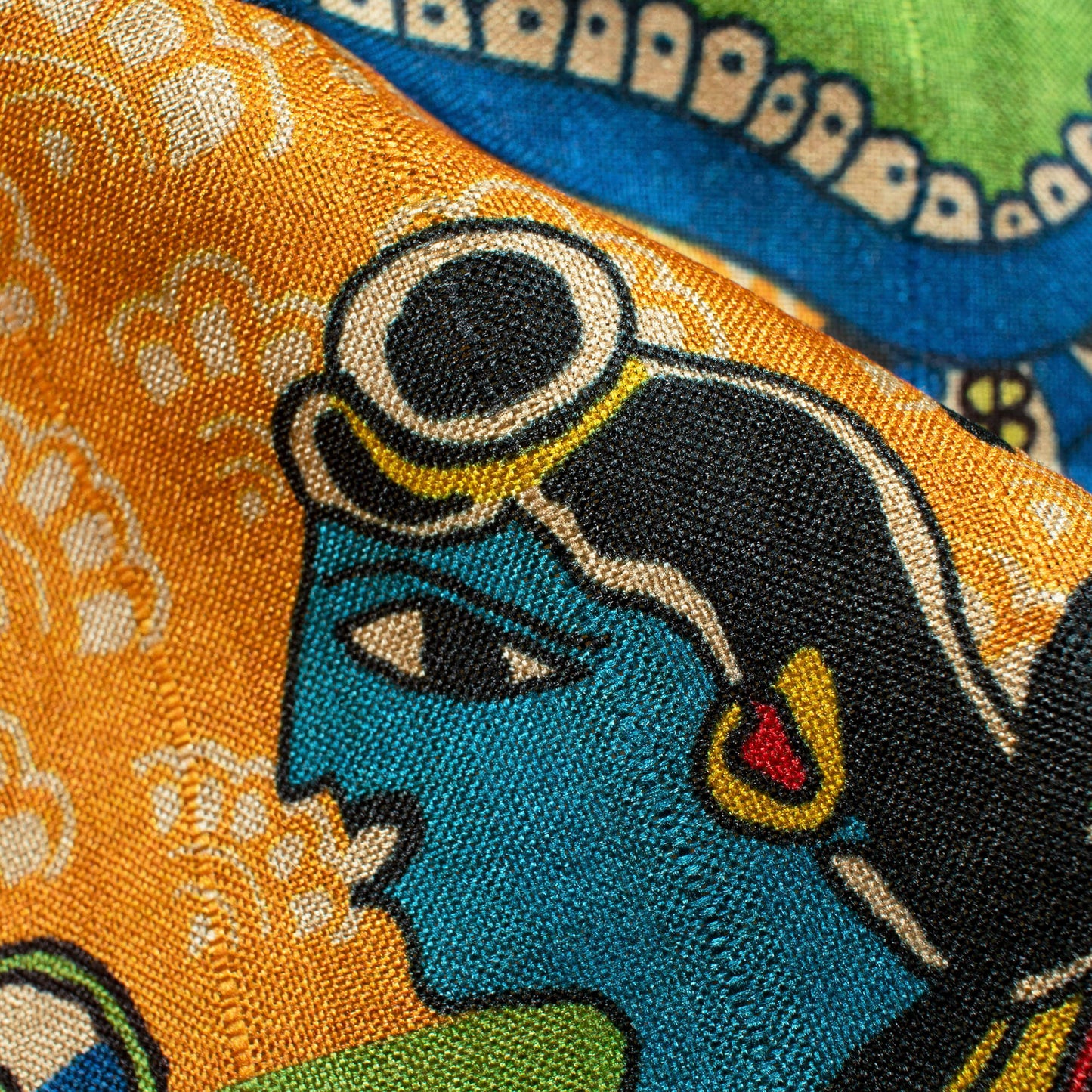 Parakeet Green And Orange Madhubani Pattern Digital Print Art Tusser Silk Fabric - Fabcurate