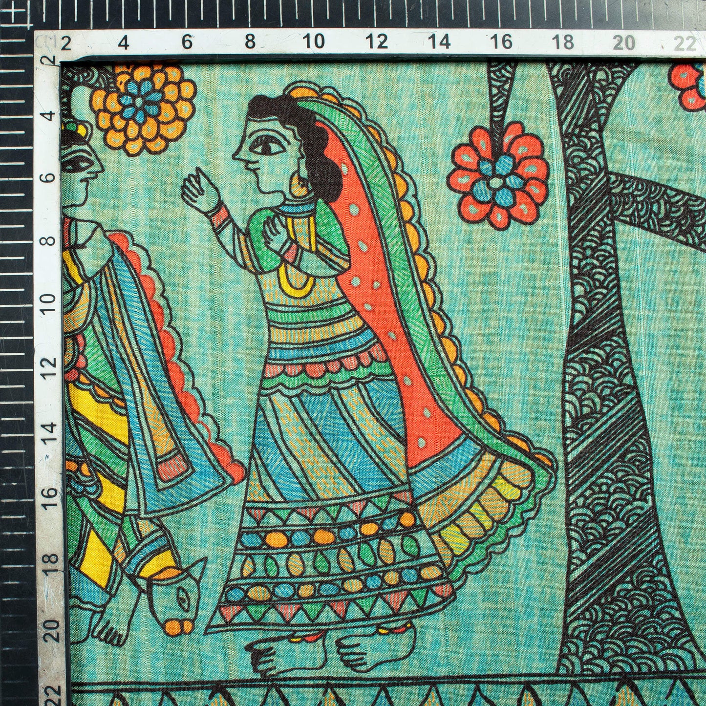 Sky Blue And Orange Madhuvanii Pattern Digital Print Art Tusser Silk Fabric