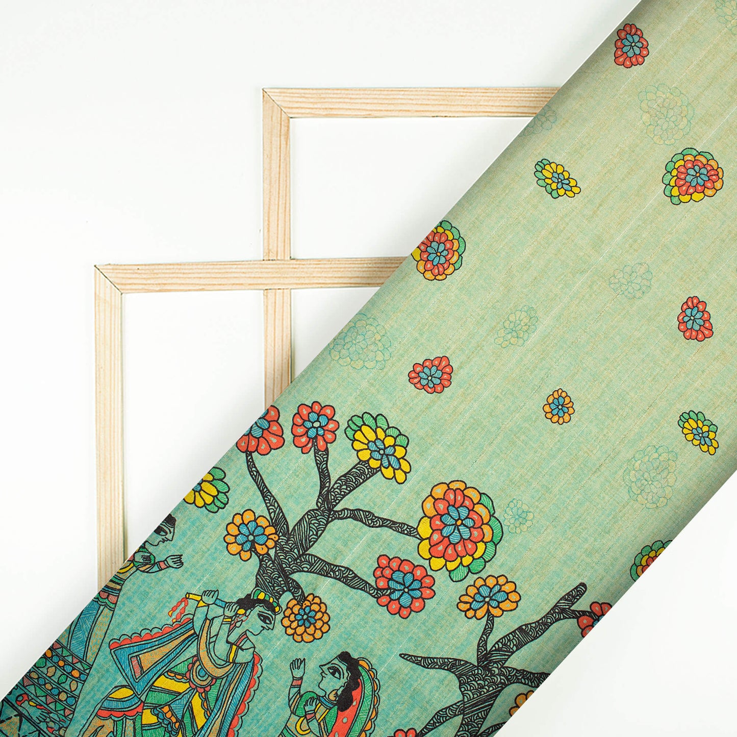 Sky Blue And Orange Madhuvanii Pattern Digital Print Art Tusser Silk Fabric