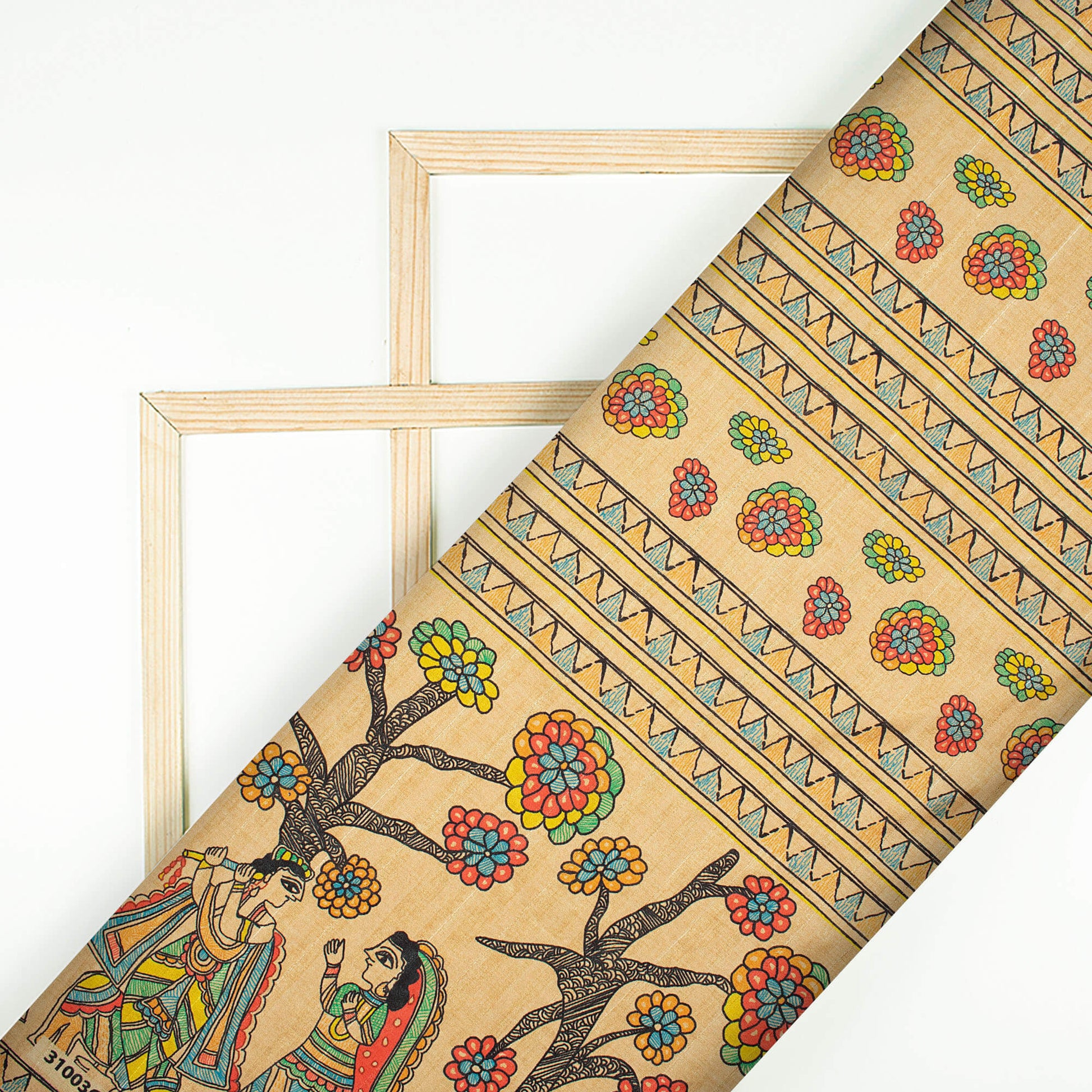 Sepia Beige And Red Madhubani Pattern Digital Print Art Tusser Silk Fabric - Fabcurate