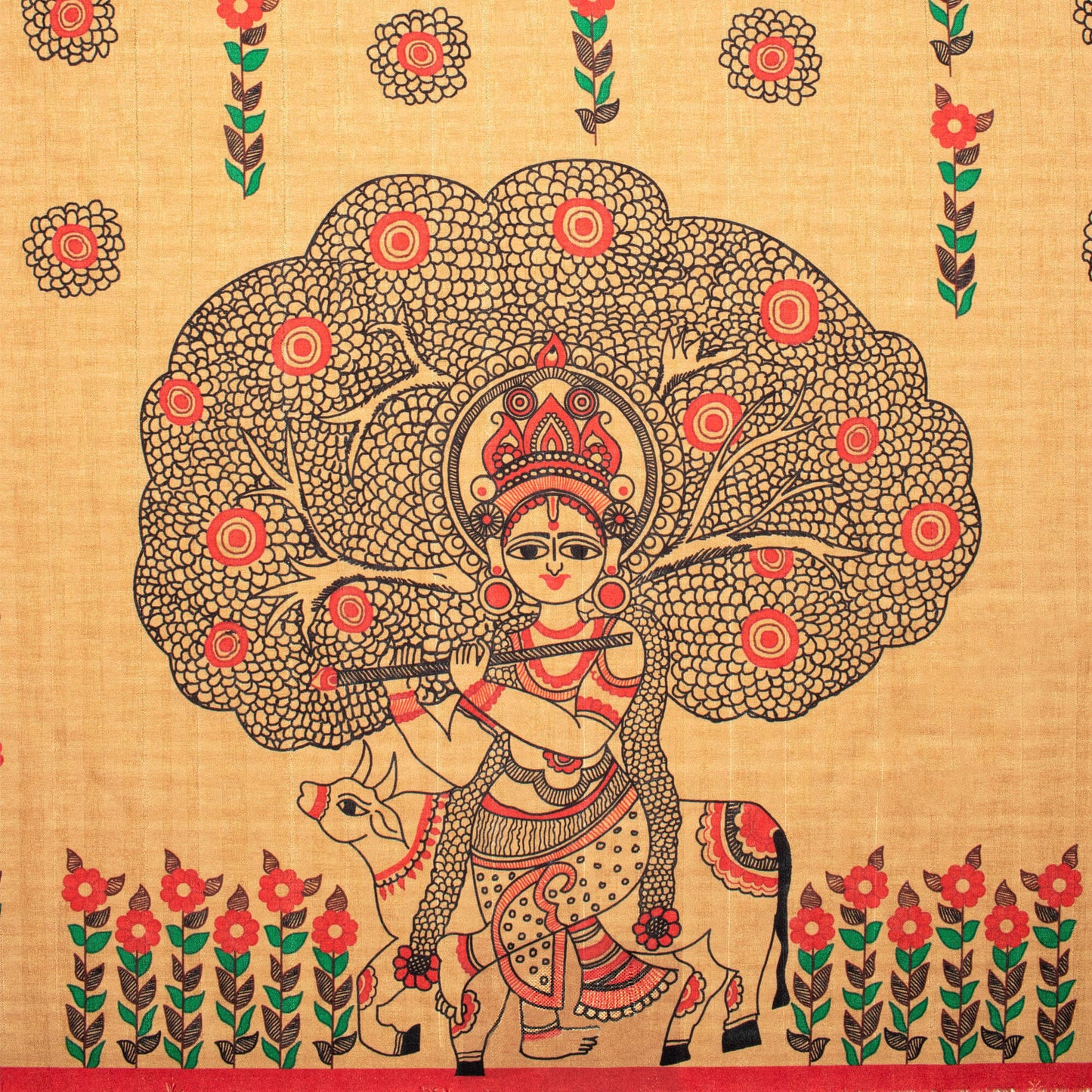 Copper Beige And Red Madhubani Pattern Digital Print Art Tussar Silk Fabric