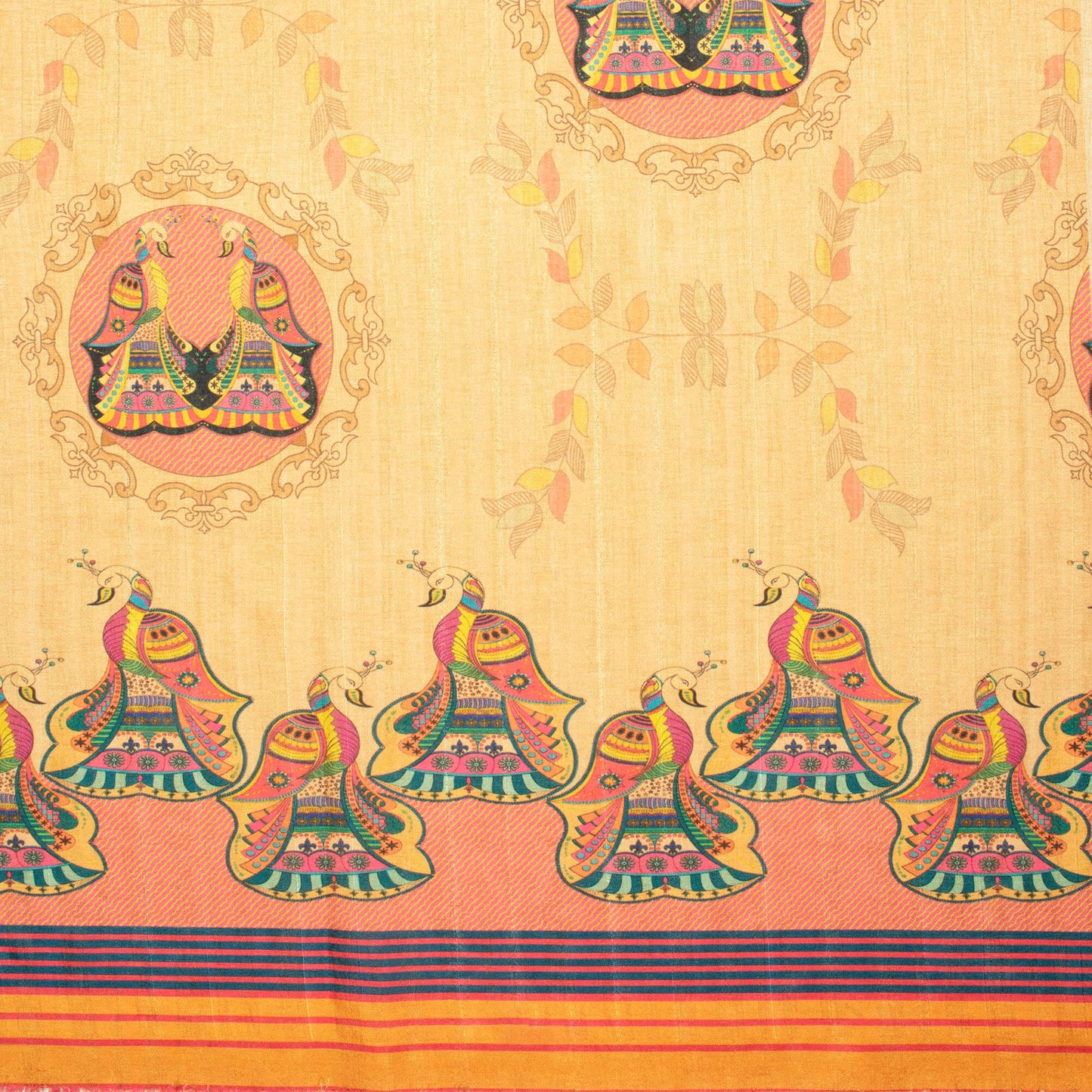 Beige And Brick Pink Madhuvanii Pattern Digital Print Art Tusser Silk Fabric