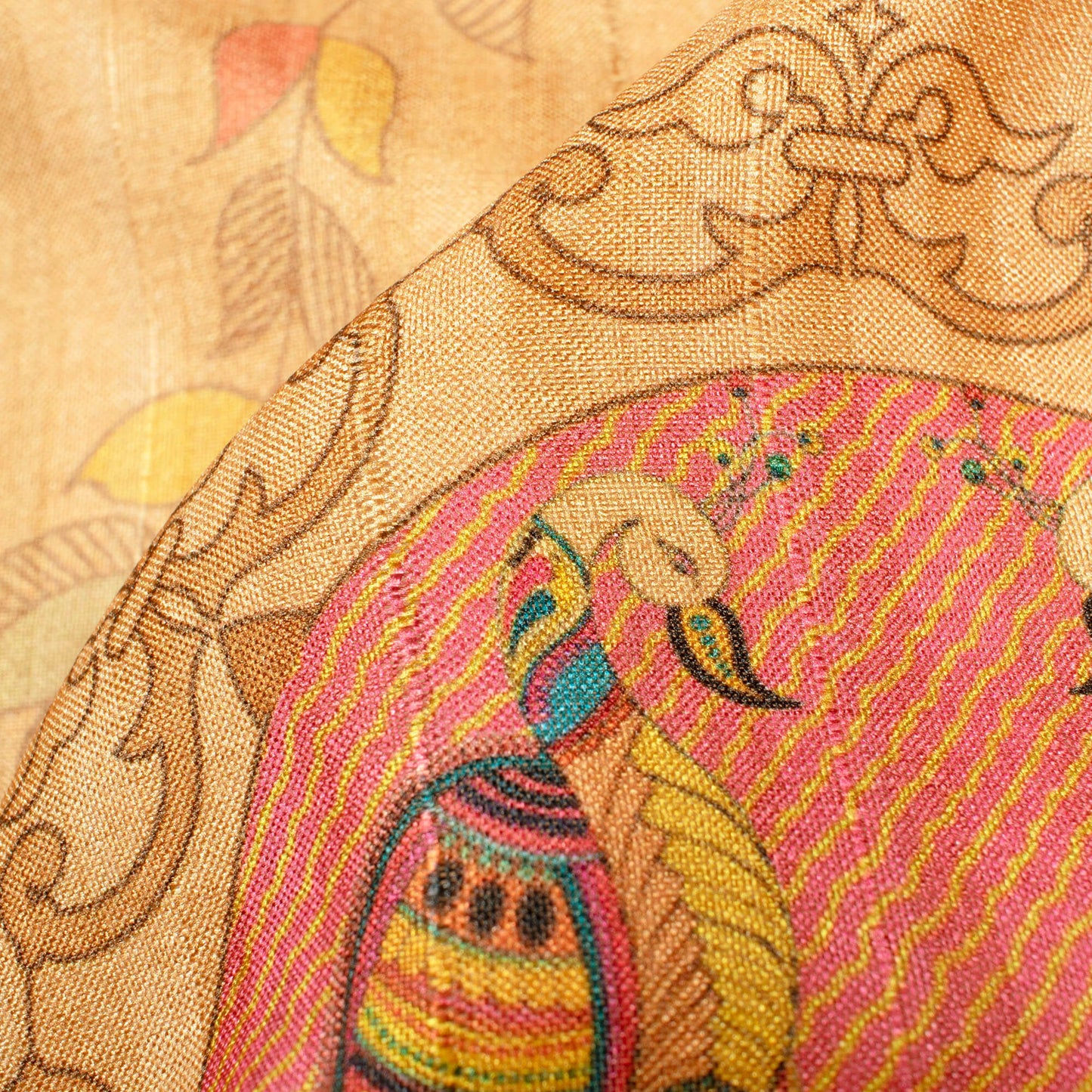 Beige And Brick Pink Madhuvanii Pattern Digital Print Art Tusser Silk Fabric
