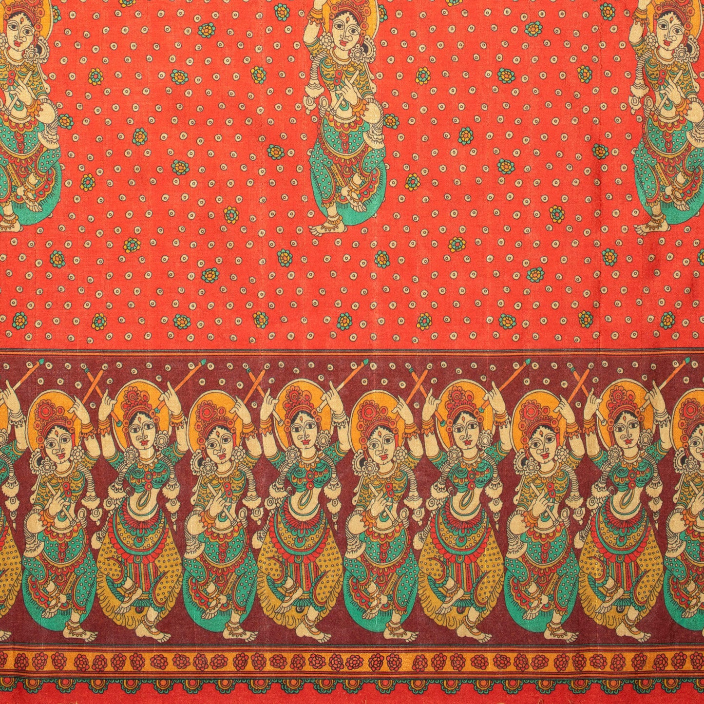 Cherry Red And Pine Green Madhuvanii Pattern Digital Print Art Tusser Silk Fabric