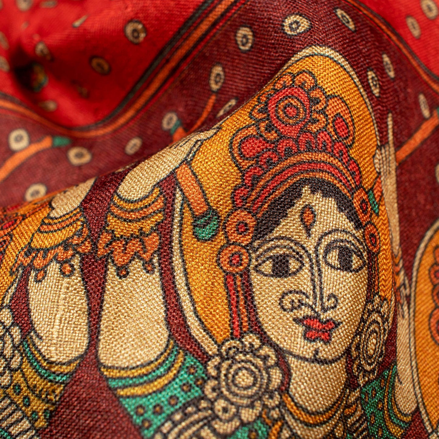 Cherry Red And Pine Green Madhuvanii Pattern Digital Print Art Tusser Silk Fabric