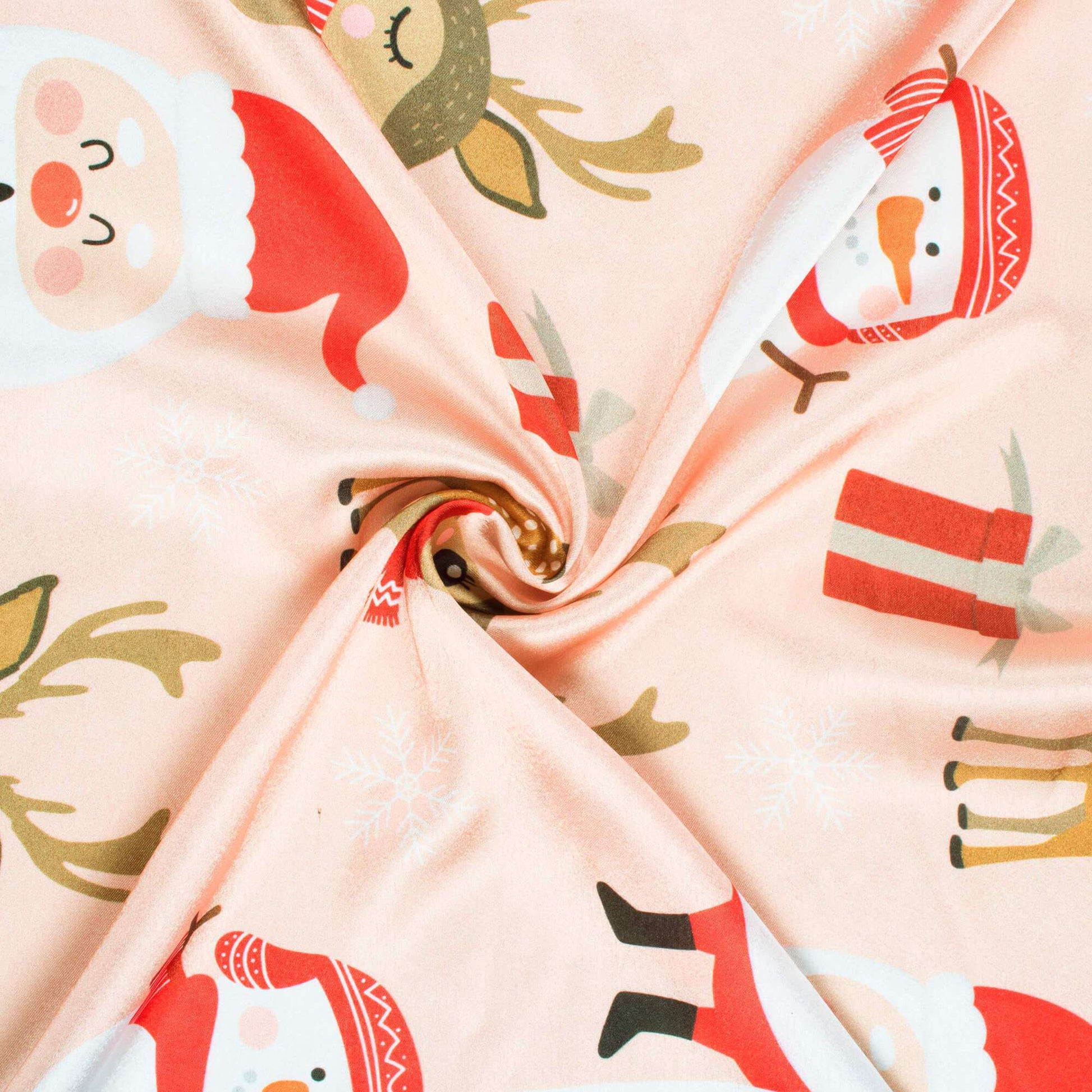 Peach And Brown Christmas Pattern Digital Print Japan Satin Fabric - Fabcurate