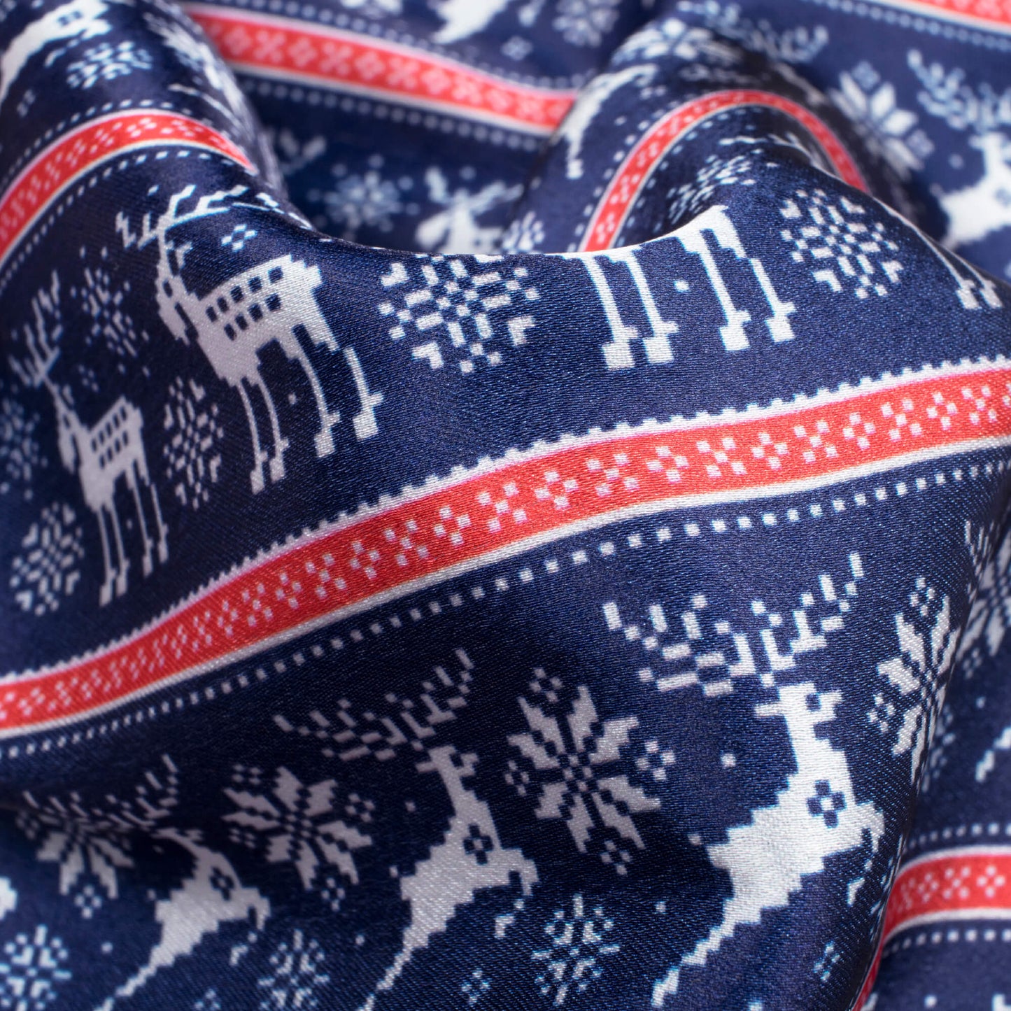 Navy Blue And Red Christmas Pattern Digital Print Japan Satin Fabric - Fabcurate