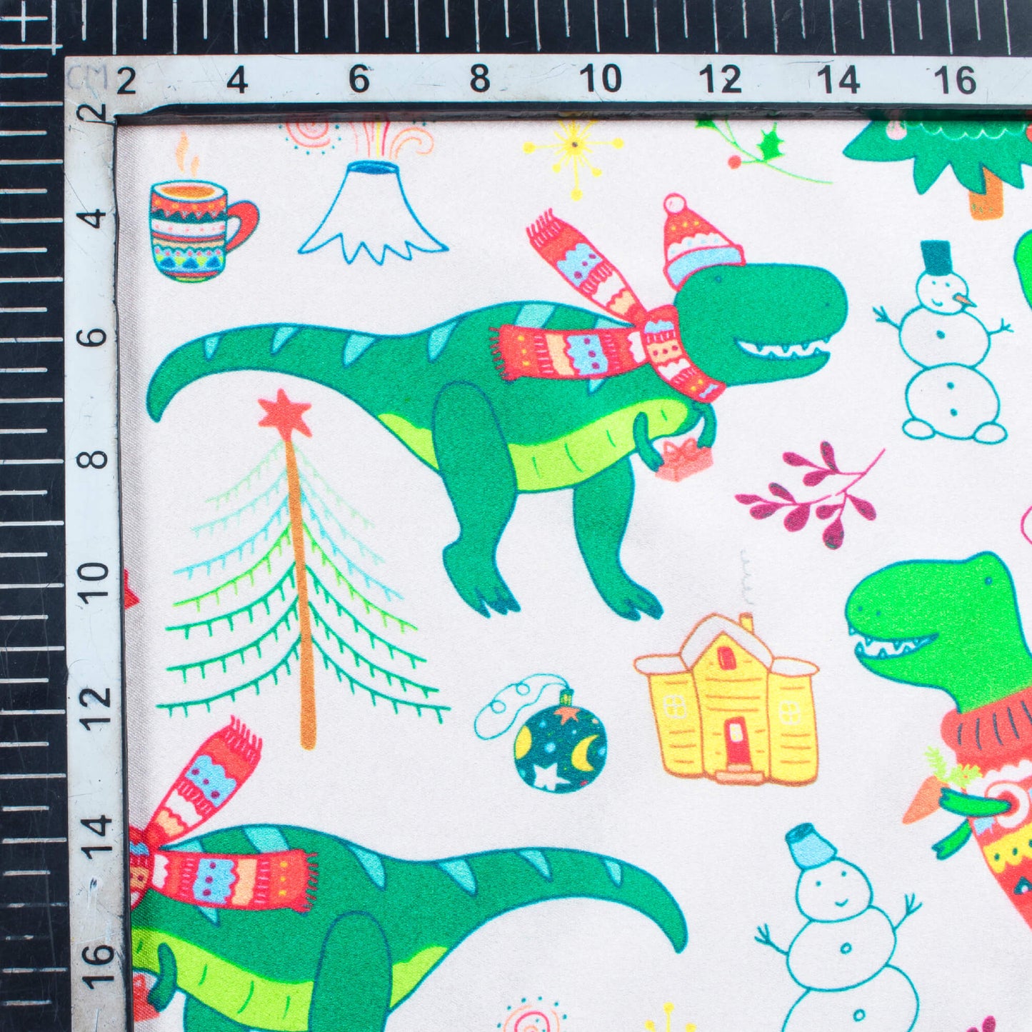 Cream And Green Christmas Pattern Digital Print Japan Satin Fabric - Fabcurate
