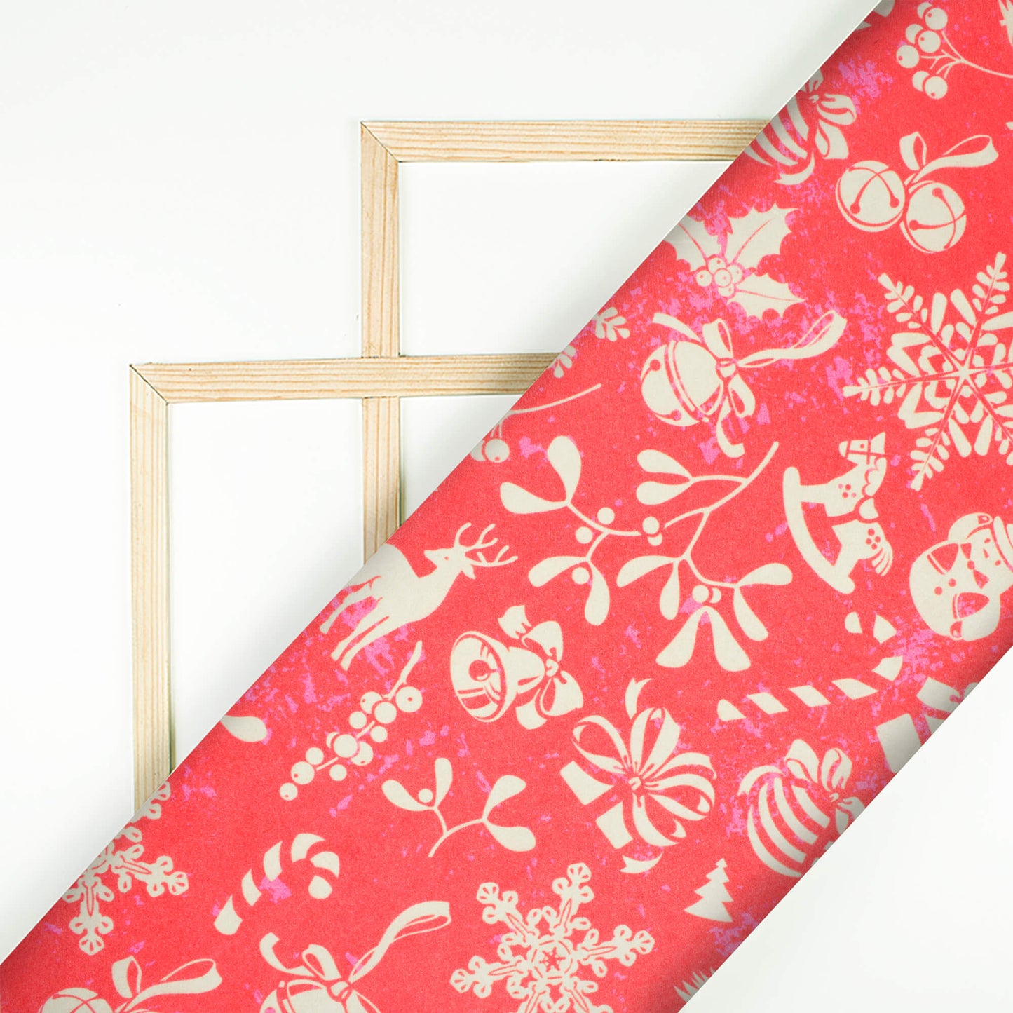 Ruby Pink And Cream Christmas Pattern Digital Print Japan Satin Fabric - Fabcurate