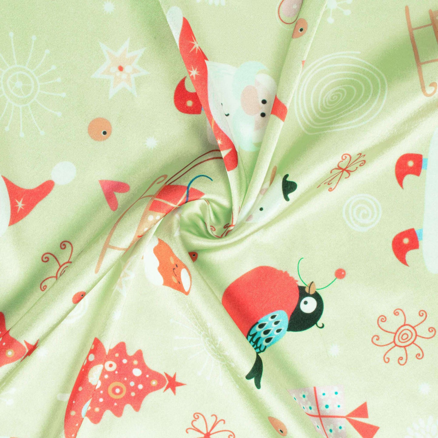 Mint Green And Red Christmas Pattern Digital Print Japan Satin Fabric - Fabcurate