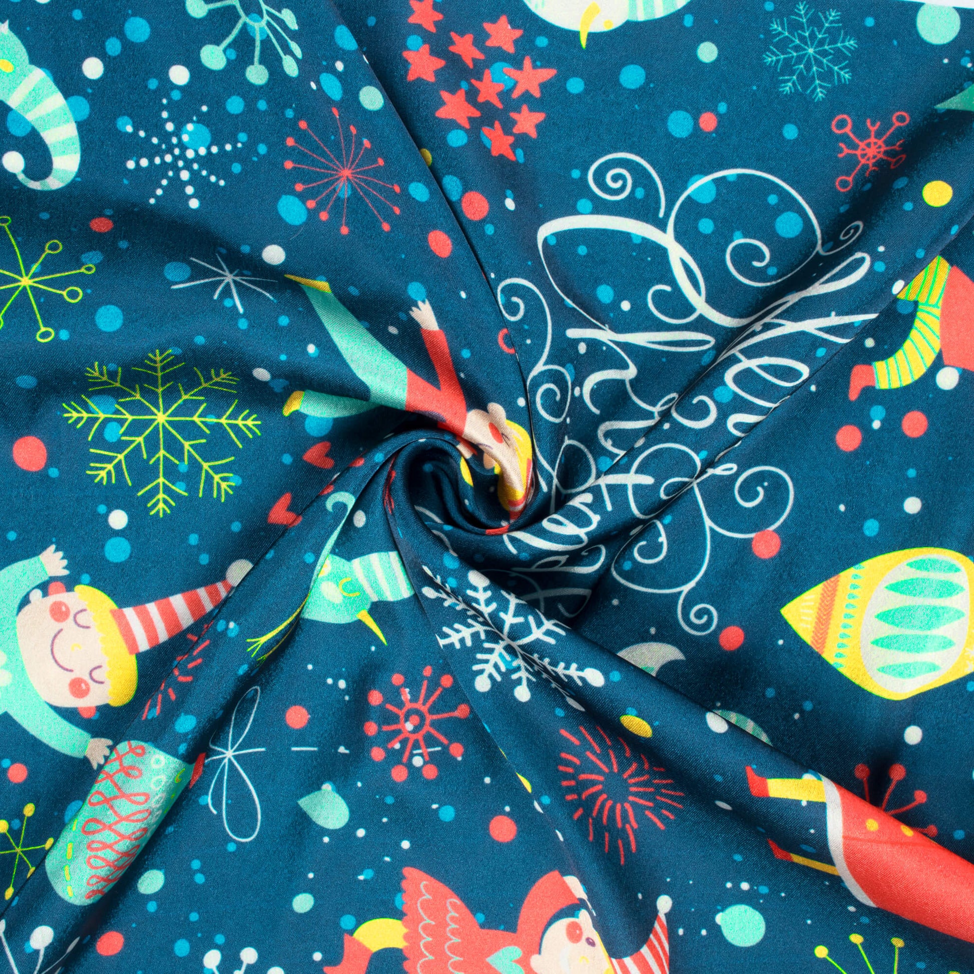 Navy Blue And Mint Green Christmas Pattern Digital Print Japan Satin Fabric - Fabcurate
