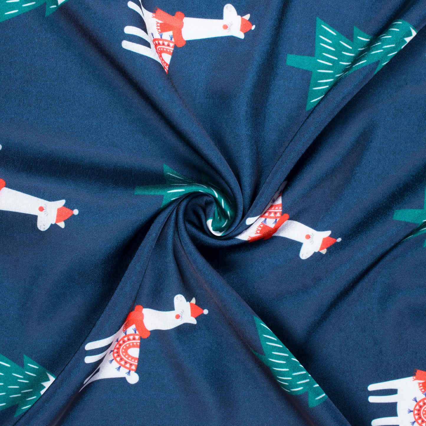 Navy Blue And Green Christmas Pattern Digital Print Japan Satin Fabric - Fabcurate
