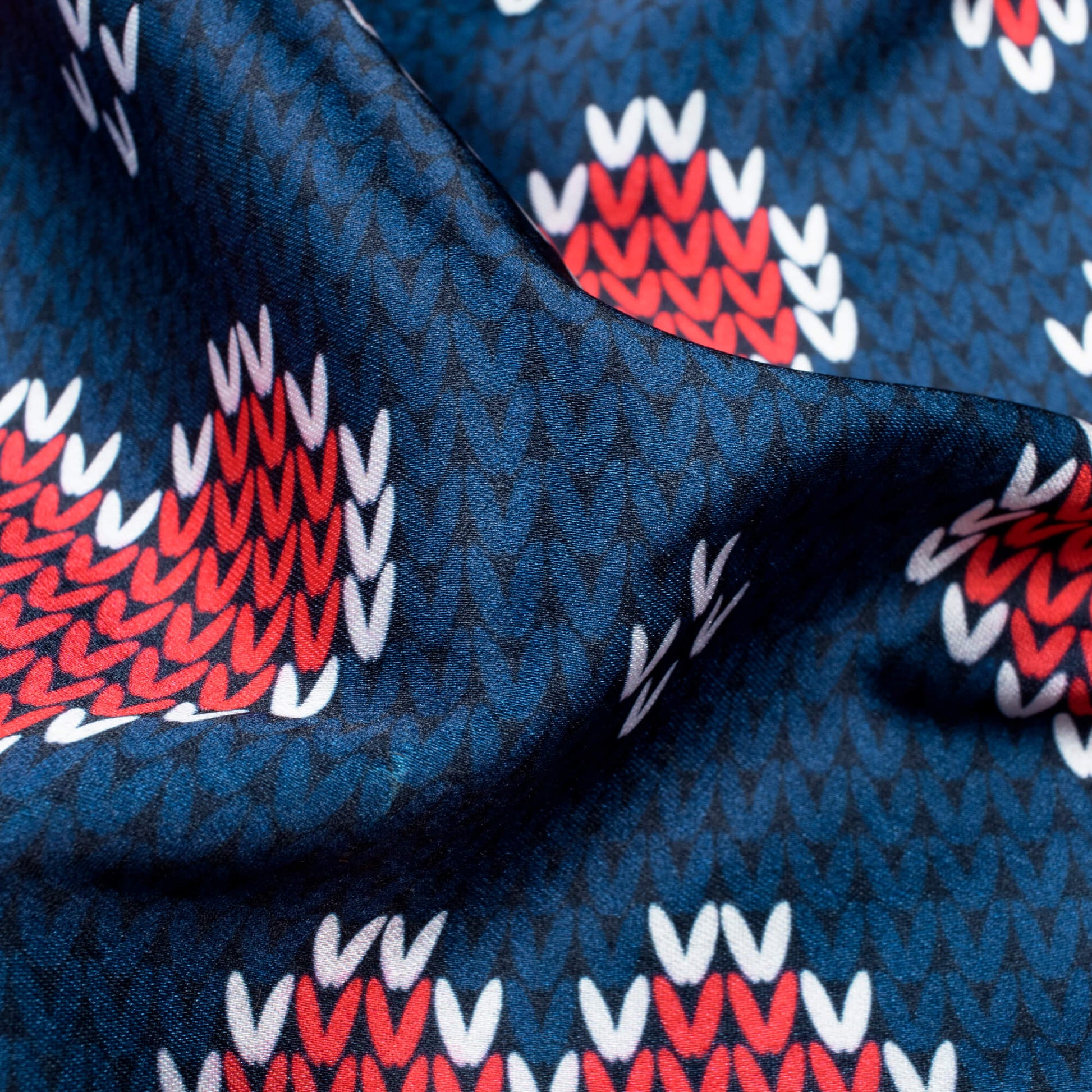 Navy Blue And Red Christmas Pattern Digital Print Japan Satin Fabric - Fabcurate