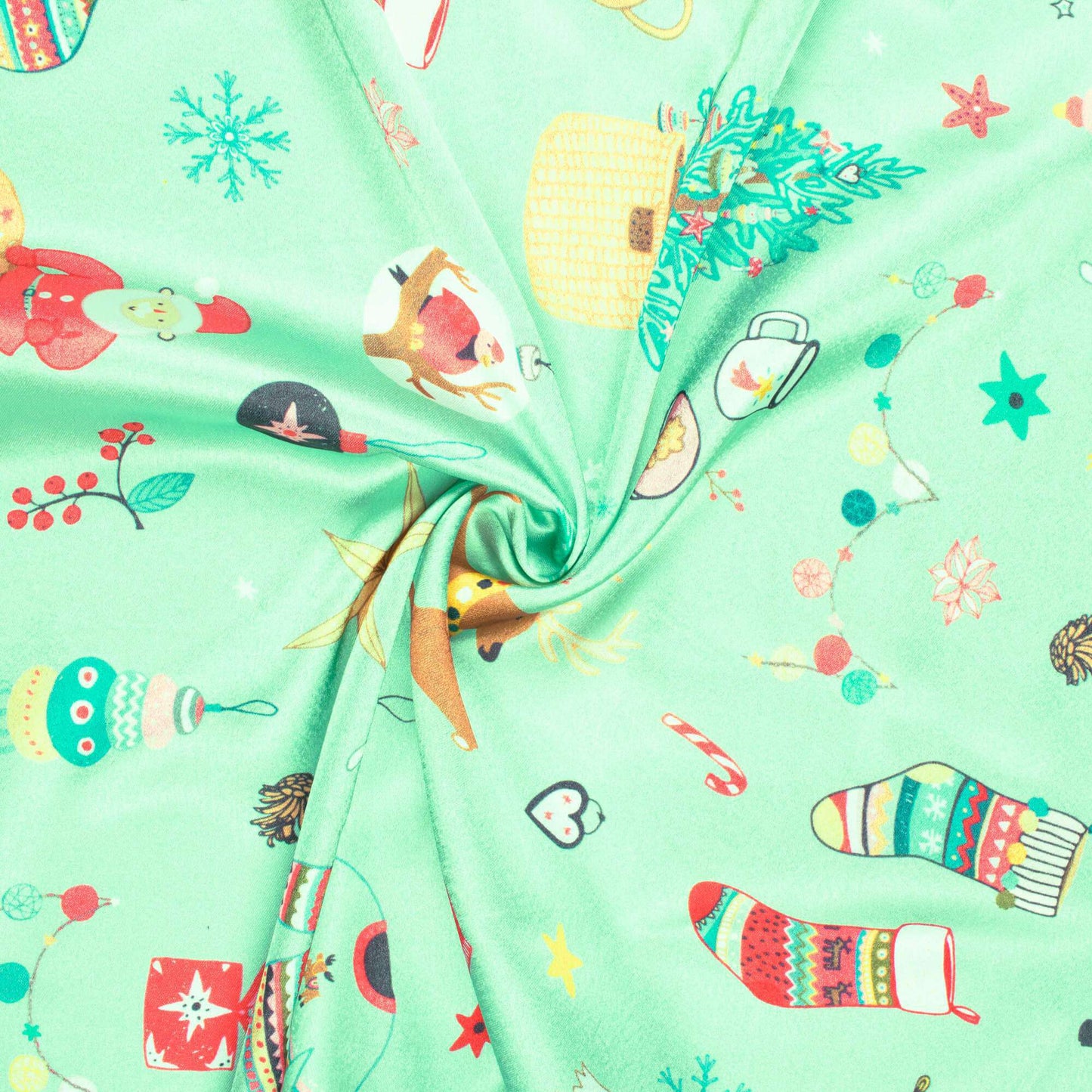 Mint Green And Red Christmas Pattern Digital Print Japan Satin Fabric - Fabcurate