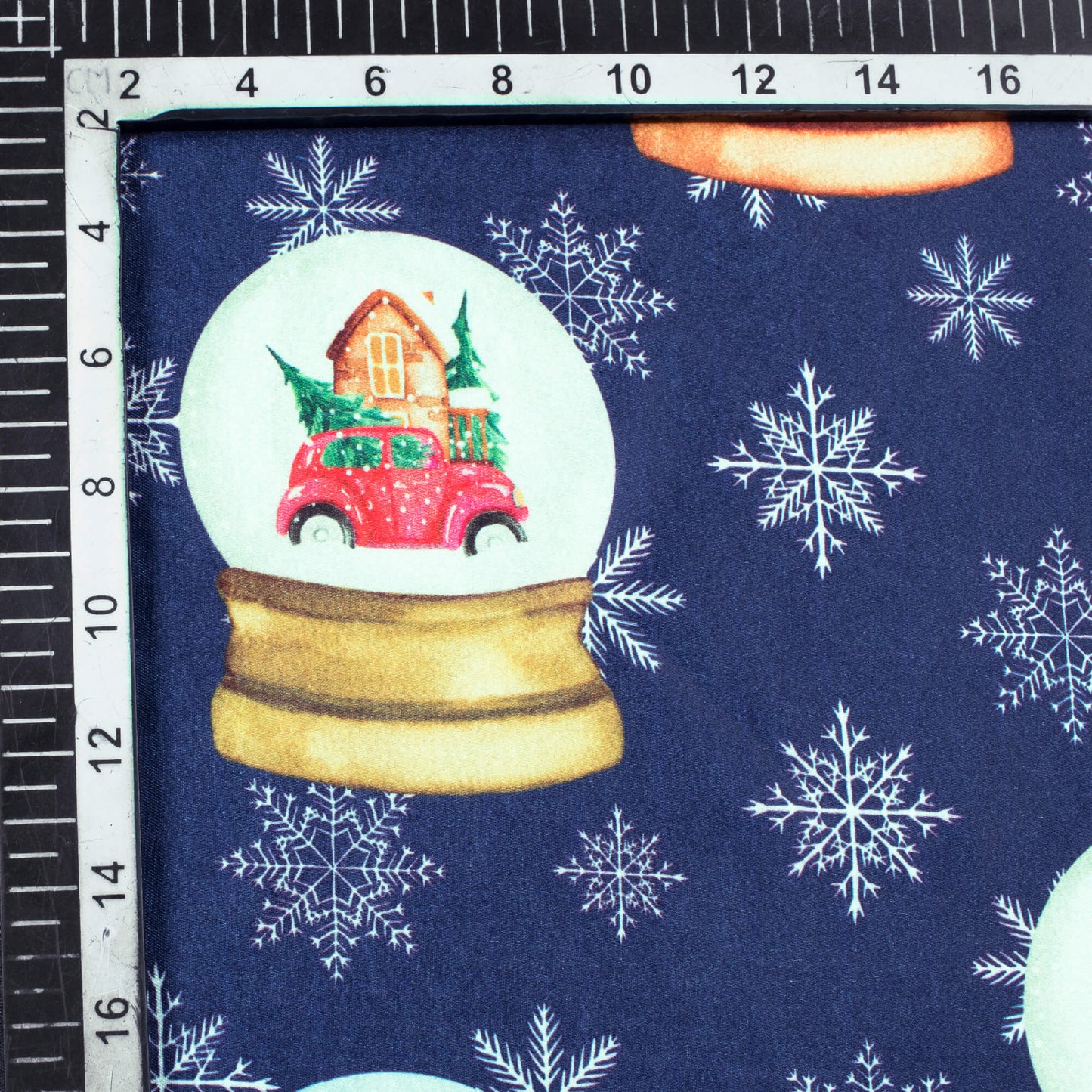 Navy Blue And Off White Christmas Pattern Digital Print Japan Satin Fabric - Fabcurate