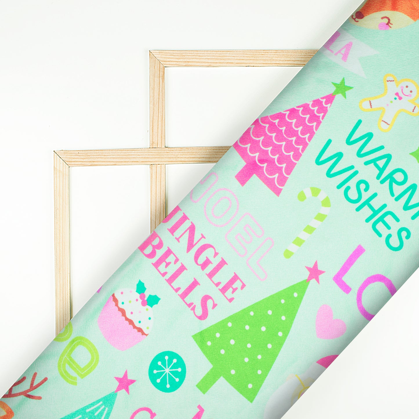 Pitachio Green And Pink Christmas Pattern Digital Print Crepe Silk Fabric - Fabcurate