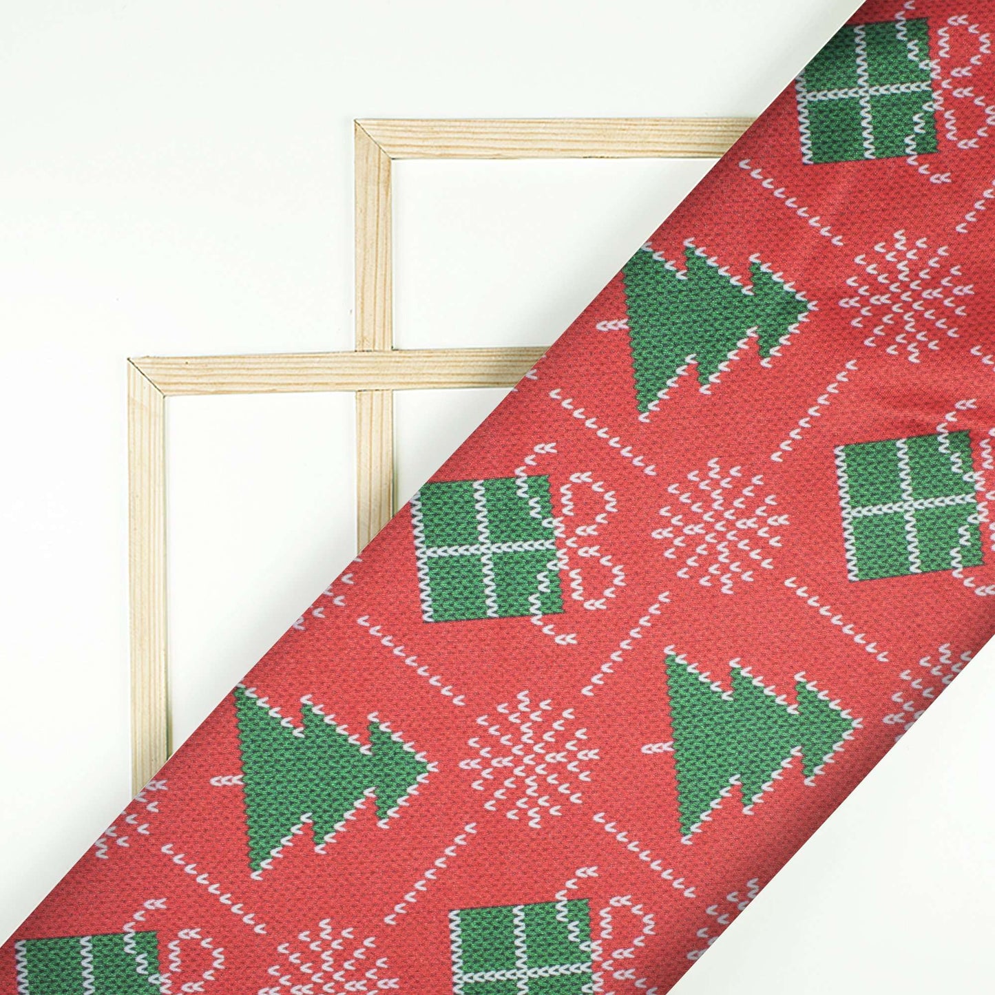 Red And Green Christmas Pattern Digital Print Crepe Silk Fabric - Fabcurate