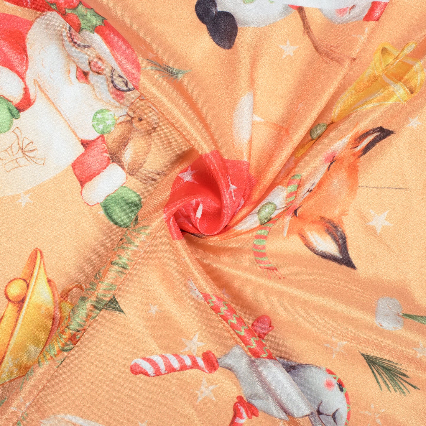 Coral Peach And Red Christmas Pattern Digital Print Crepe Silk Fabric - Fabcurate