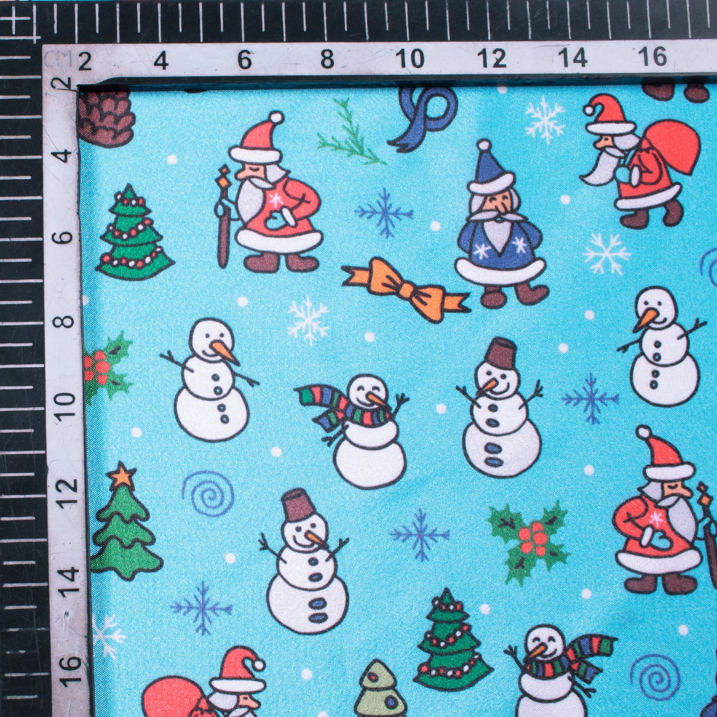 Sky Blue And White Christmas Pattern Digital Print Crepe Silk Fabric - Fabcurate