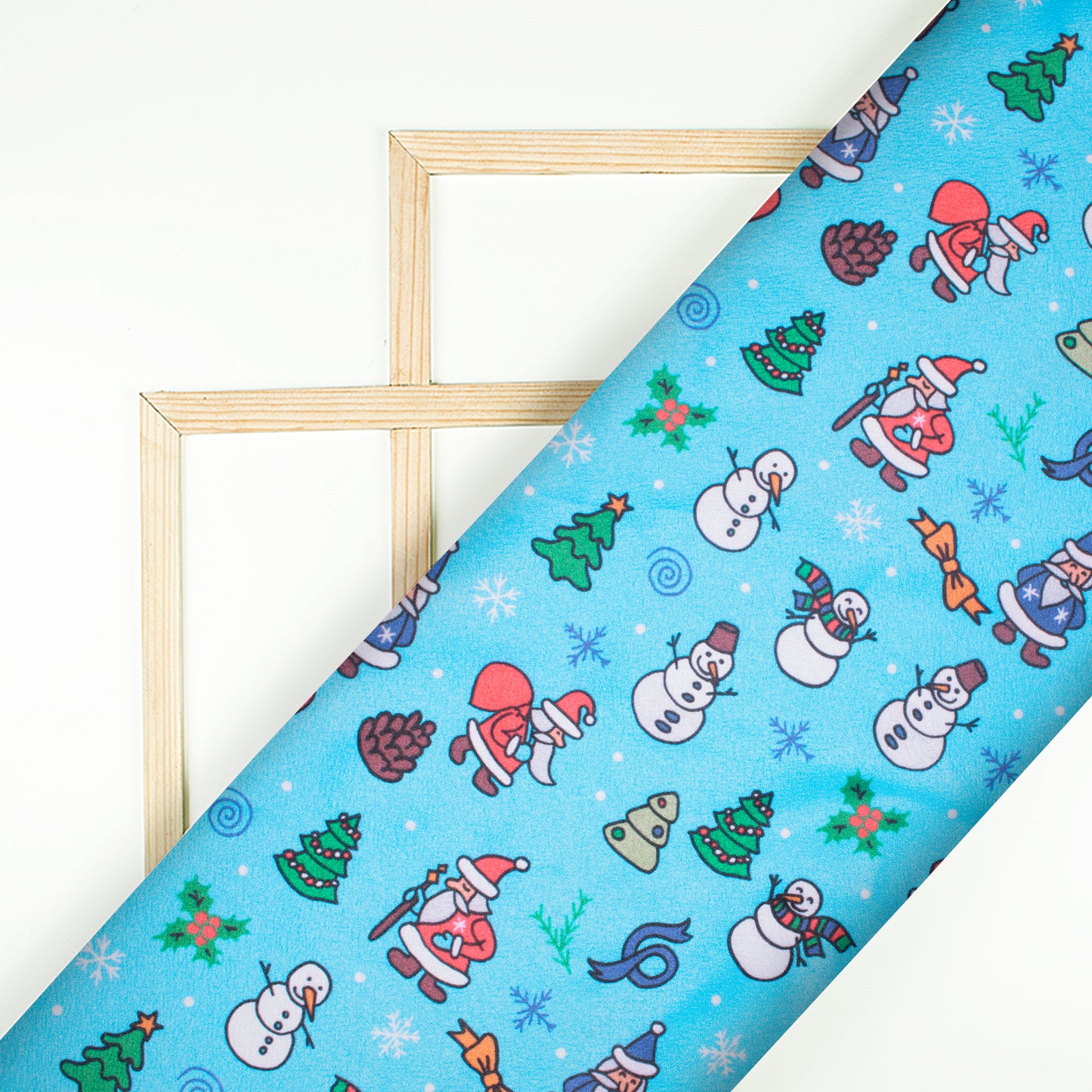 Sky Blue And White Christmas Pattern Digital Print Crepe Silk Fabric - Fabcurate