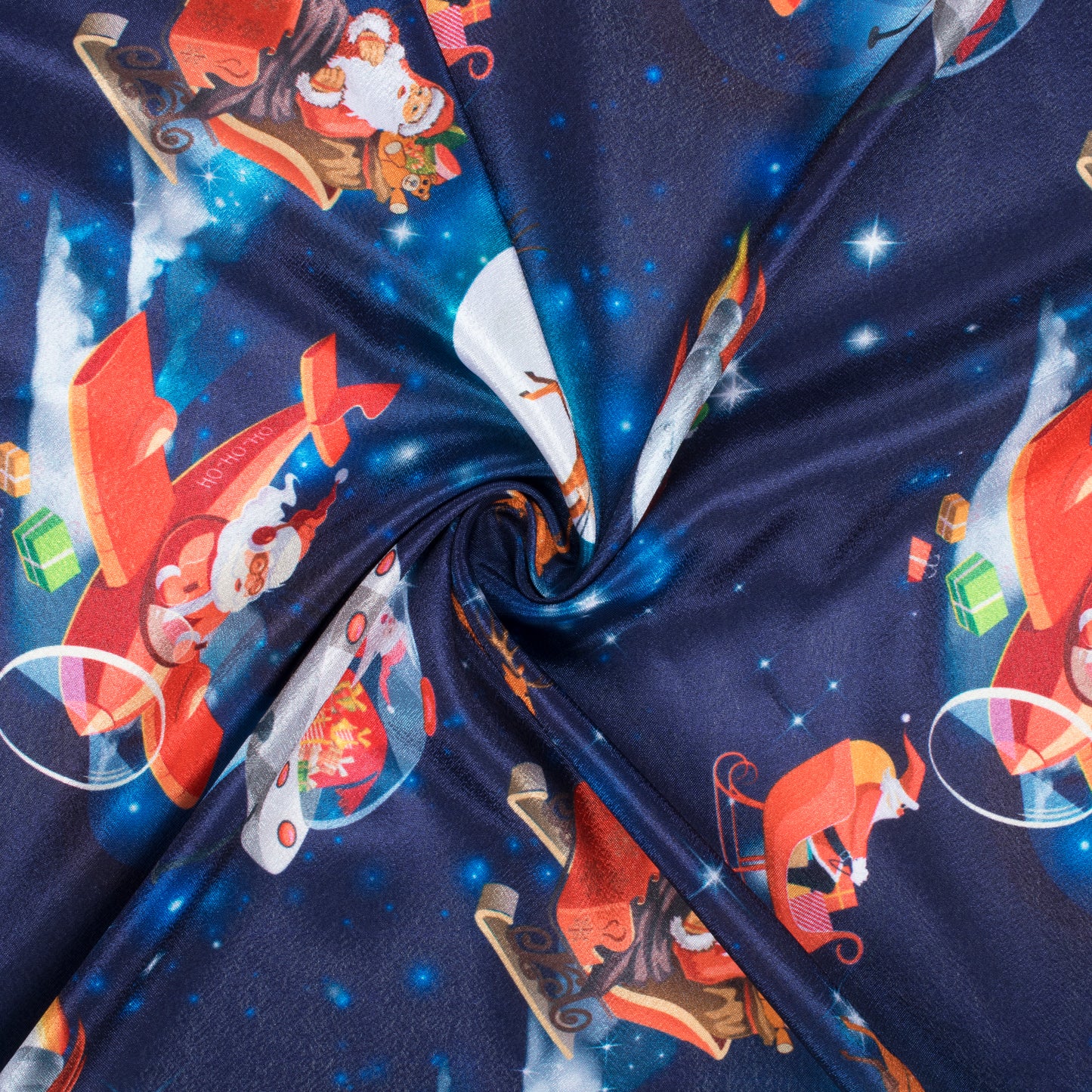 Navy Blue And Red Christmas Pattern Digital Print Crepe Silk Fabric - Fabcurate