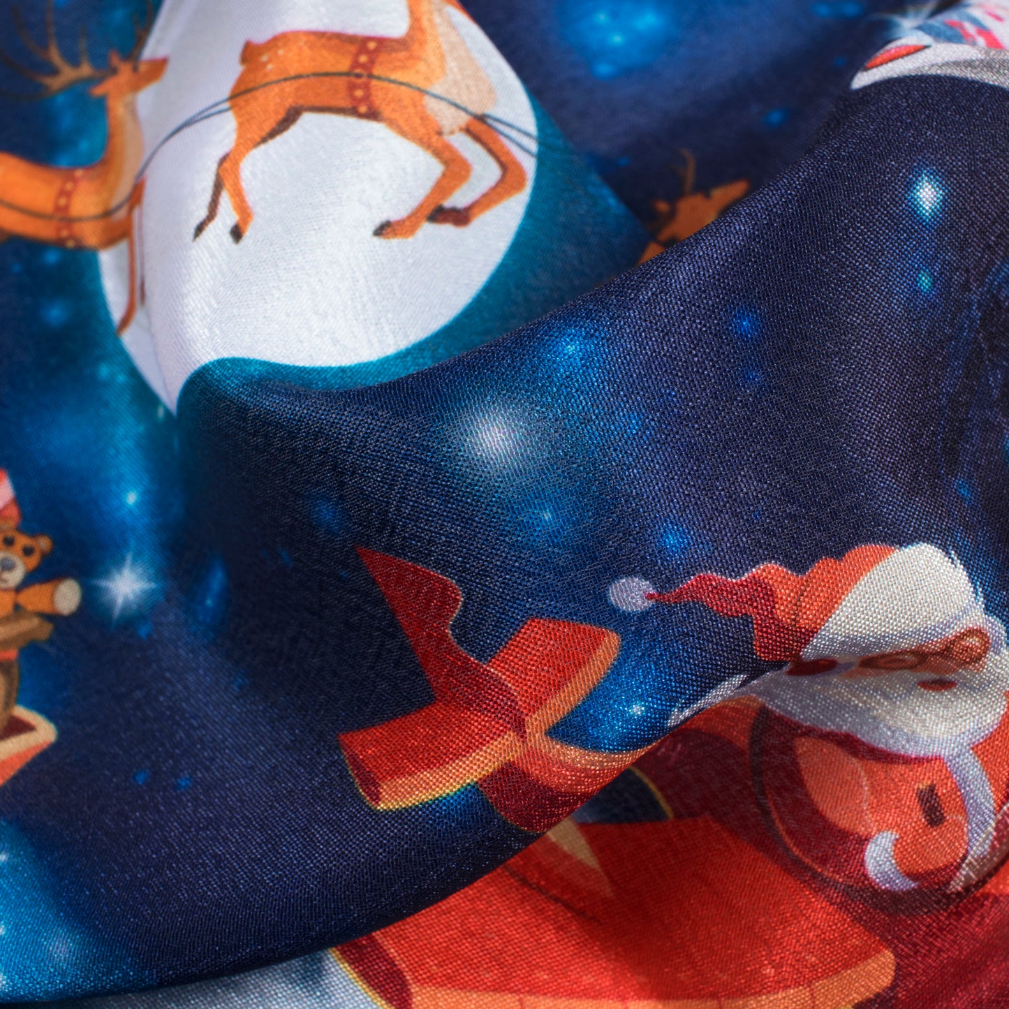 Navy Blue And Red Christmas Pattern Digital Print Crepe Silk Fabric - Fabcurate