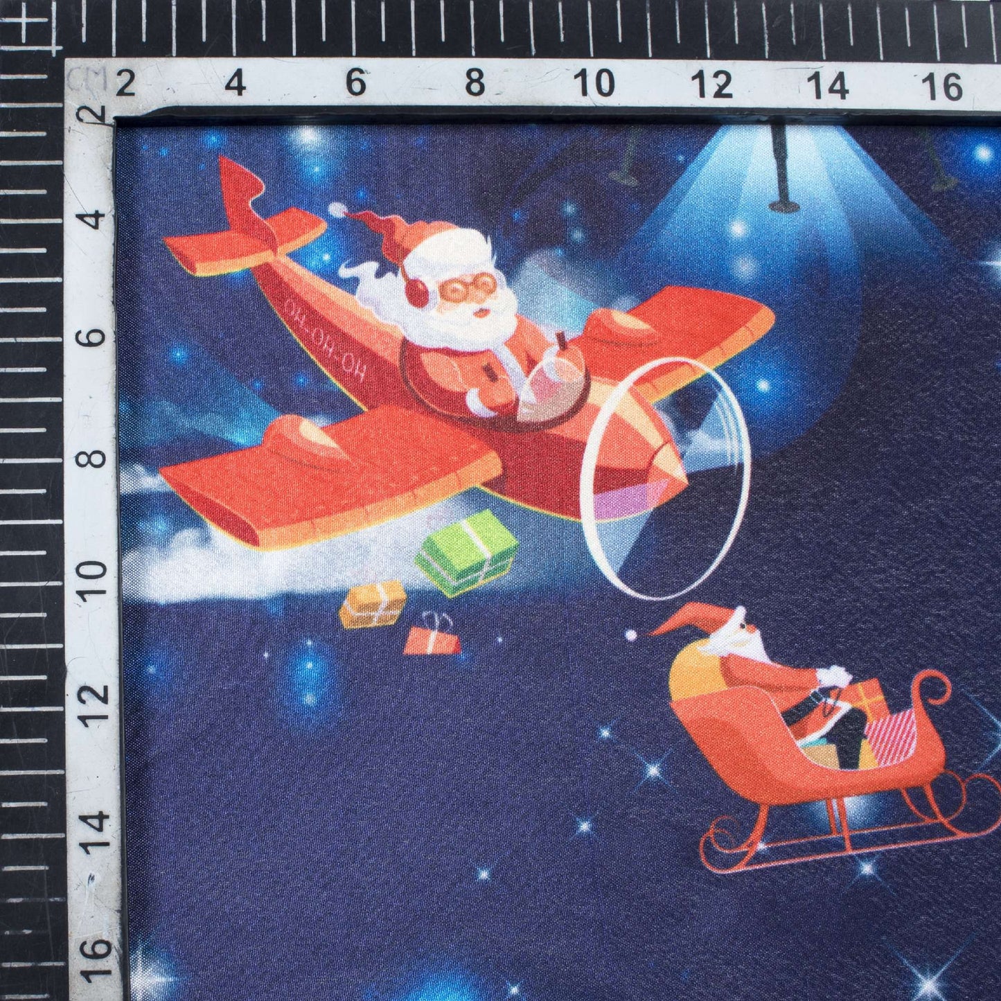 Navy Blue And Red Christmas Pattern Digital Print Crepe Silk Fabric - Fabcurate