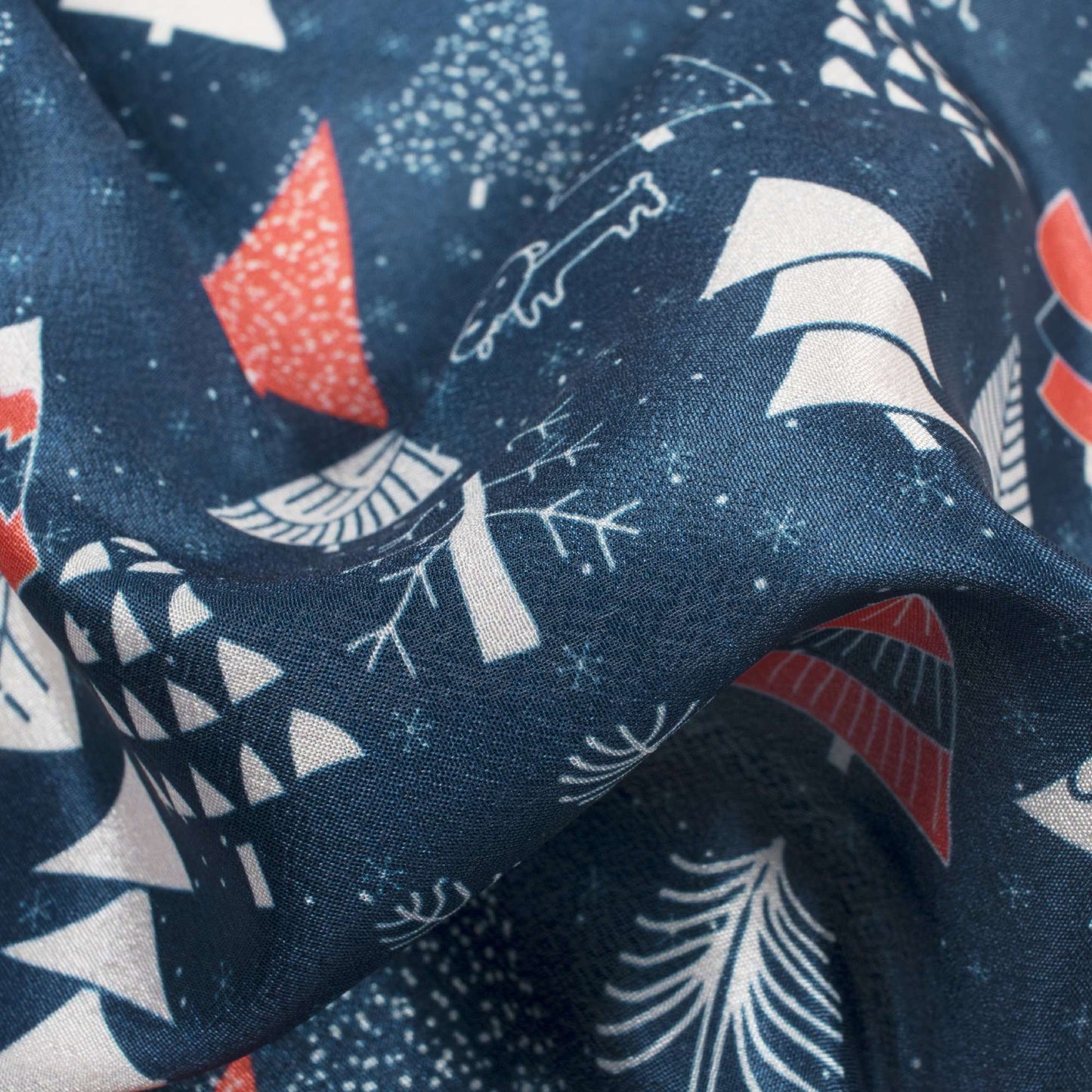 Prussian Blue And Off White Christmas Pattern Digital Print Crepe Silk Fabric - Fabcurate