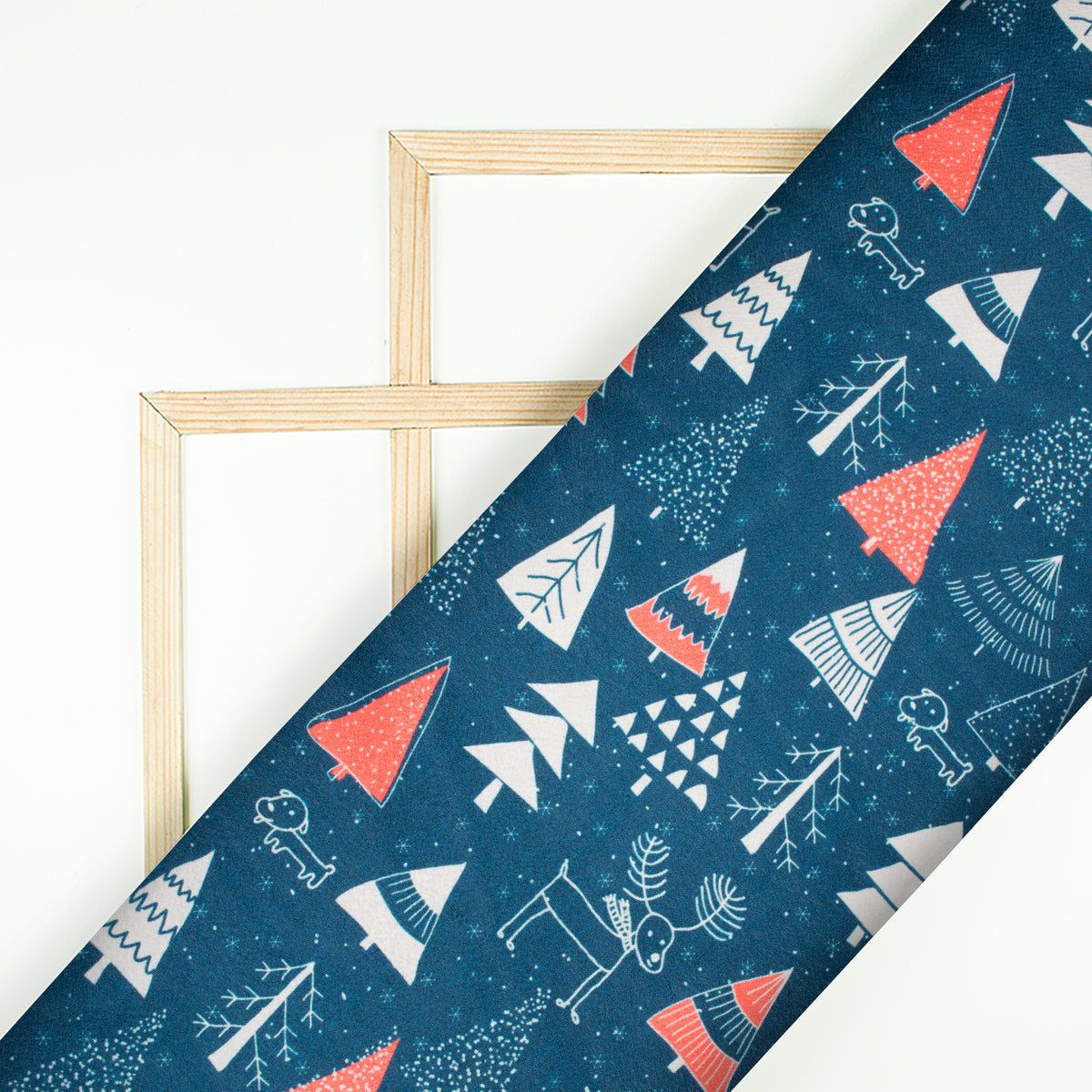 Prussian Blue And Off White Christmas Pattern Digital Print Crepe Silk Fabric - Fabcurate