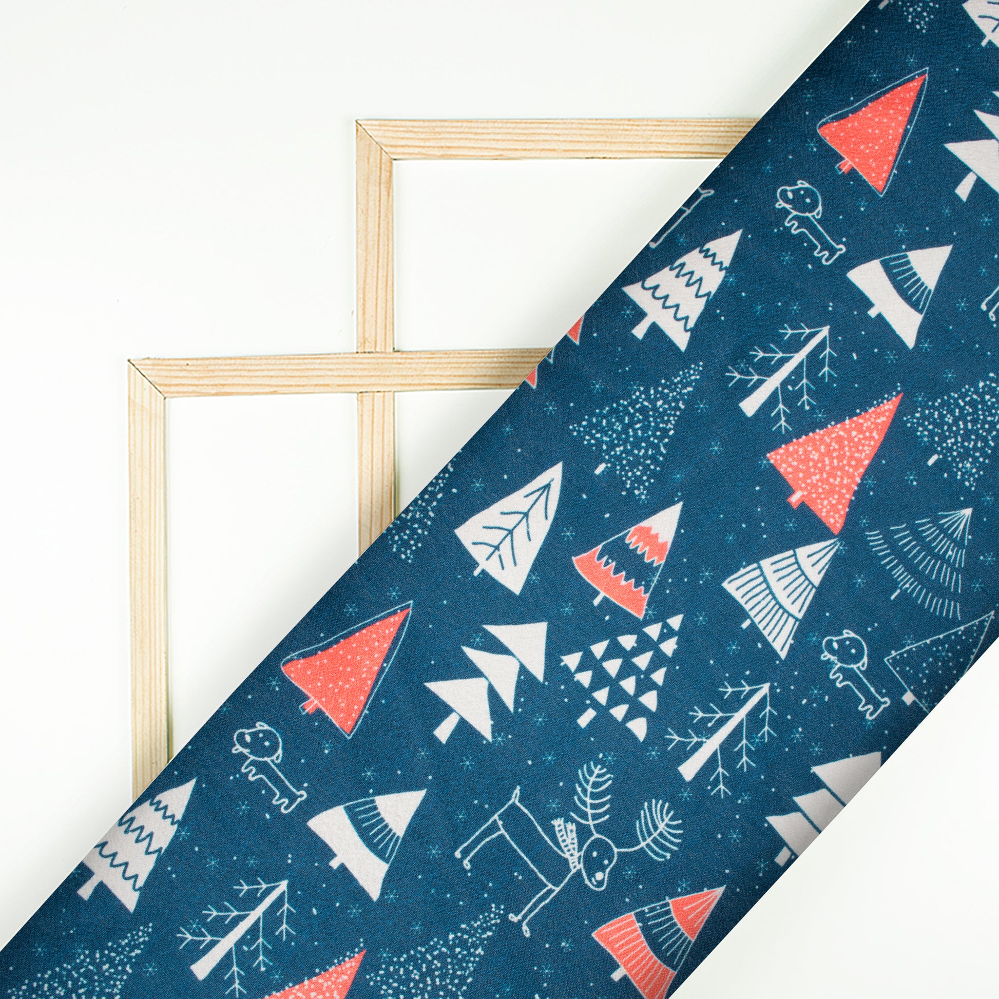 Prussian Blue And Off White Christmas Pattern Digital Print Crepe Silk Fabric - Fabcurate