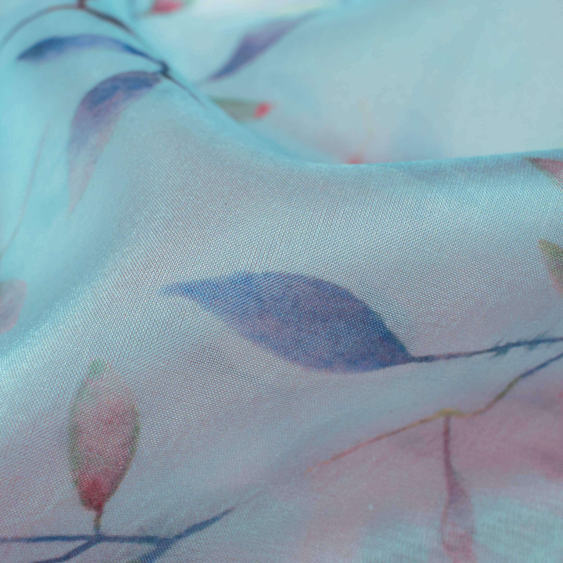 Celeste Blue And Maroon Floral Pattern Digital Print Premium Liquid Organza Fabric - Fabcurate