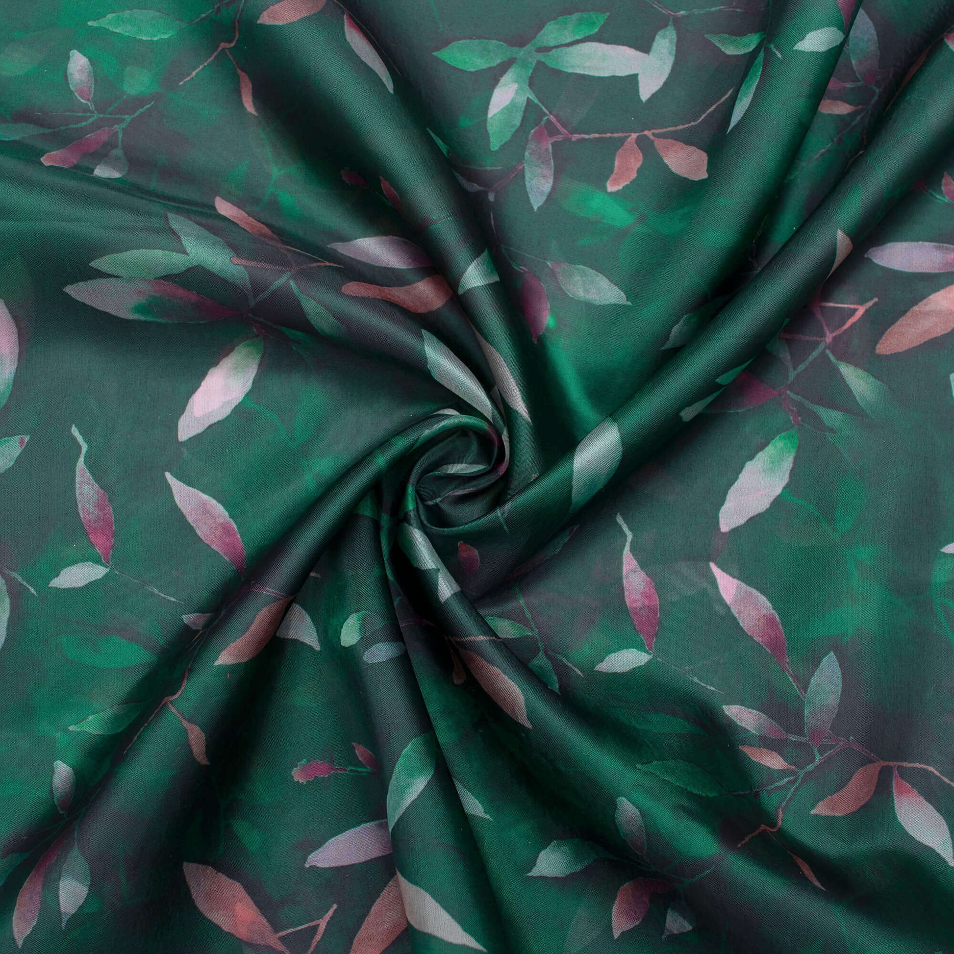 Dark Green And Peach Floral Pattern Digital Print Premium Liquid Organza Fabric - Fabcurate