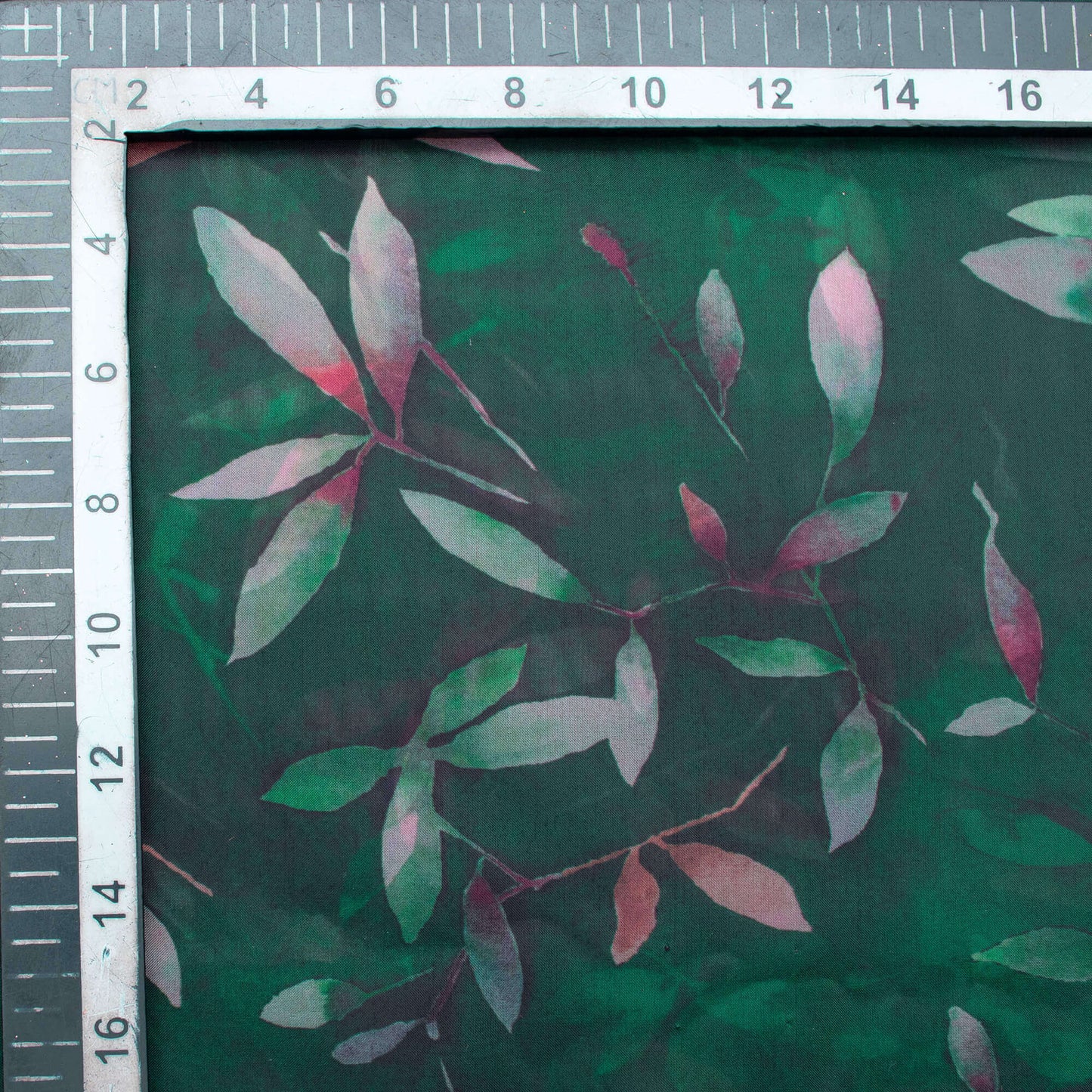 Dark Green And Peach Floral Pattern Digital Print Premium Liquid Organza Fabric - Fabcurate