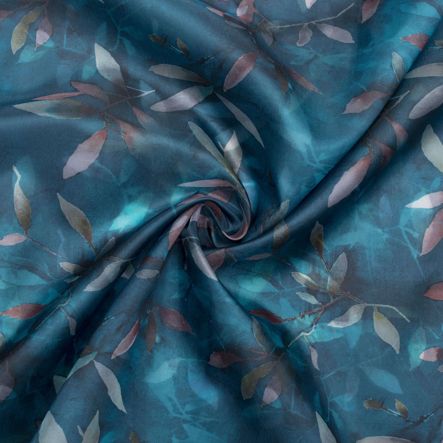 Teal Blue And Peach Floral Pattern Digital Print Premium Liquid Organza Fabric - Fabcurate