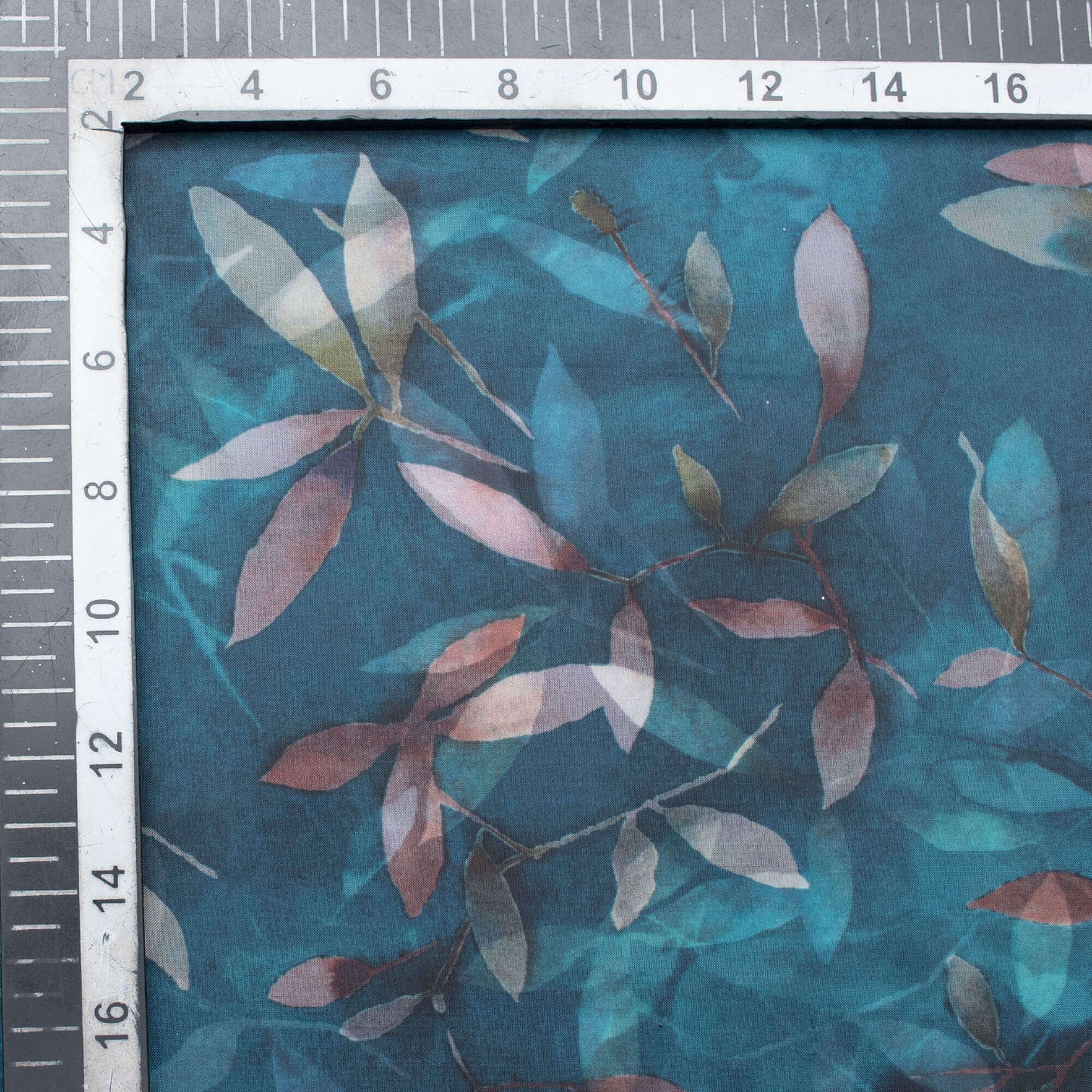 Teal Blue And Peach Floral Pattern Digital Print Premium Liquid Organza Fabric - Fabcurate