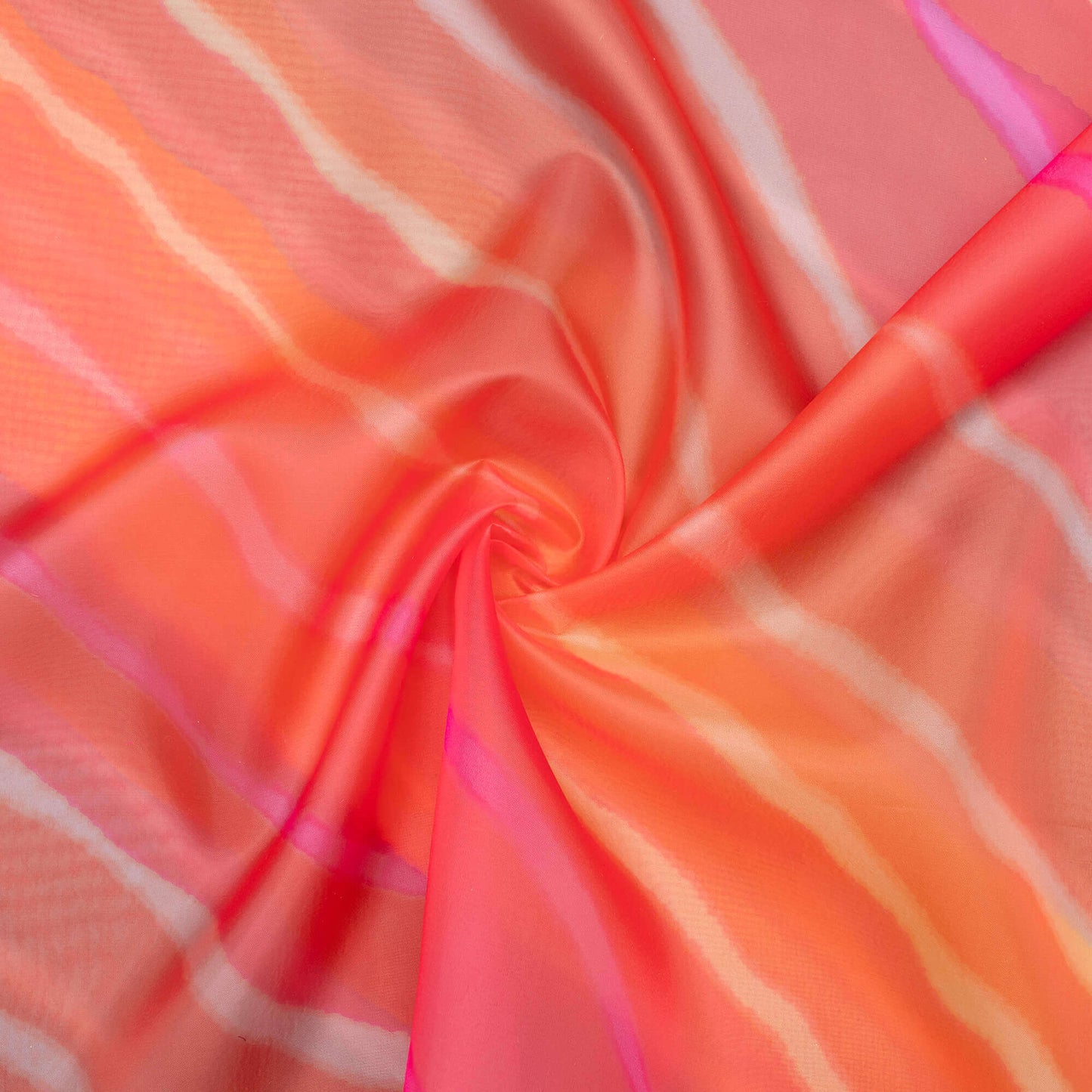 Orange And Red Leheriya Pattern Digital Print Premium Liquid Organza Fabric - Fabcurate