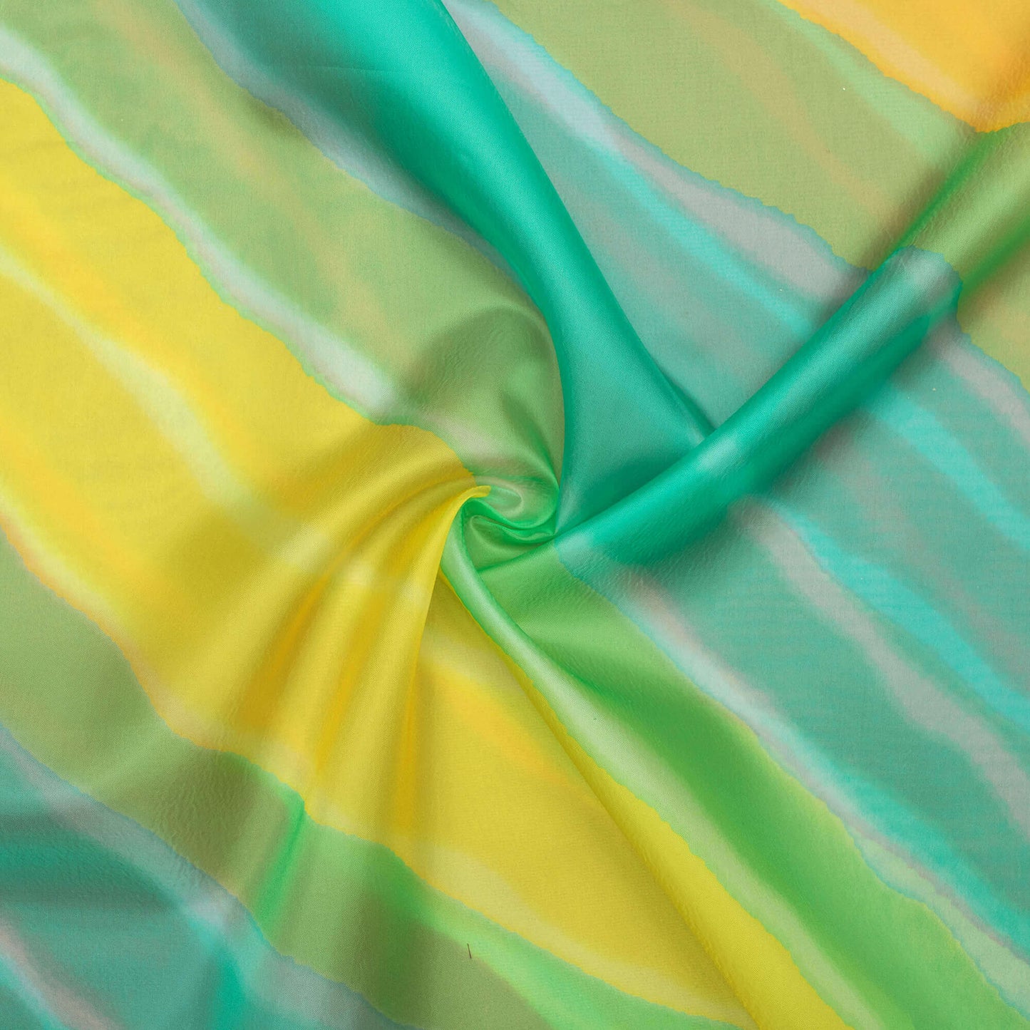 Yellow And Turquoise Leheriya Pattern Digital Print Premium Liquid Organza Fabric - Fabcurate