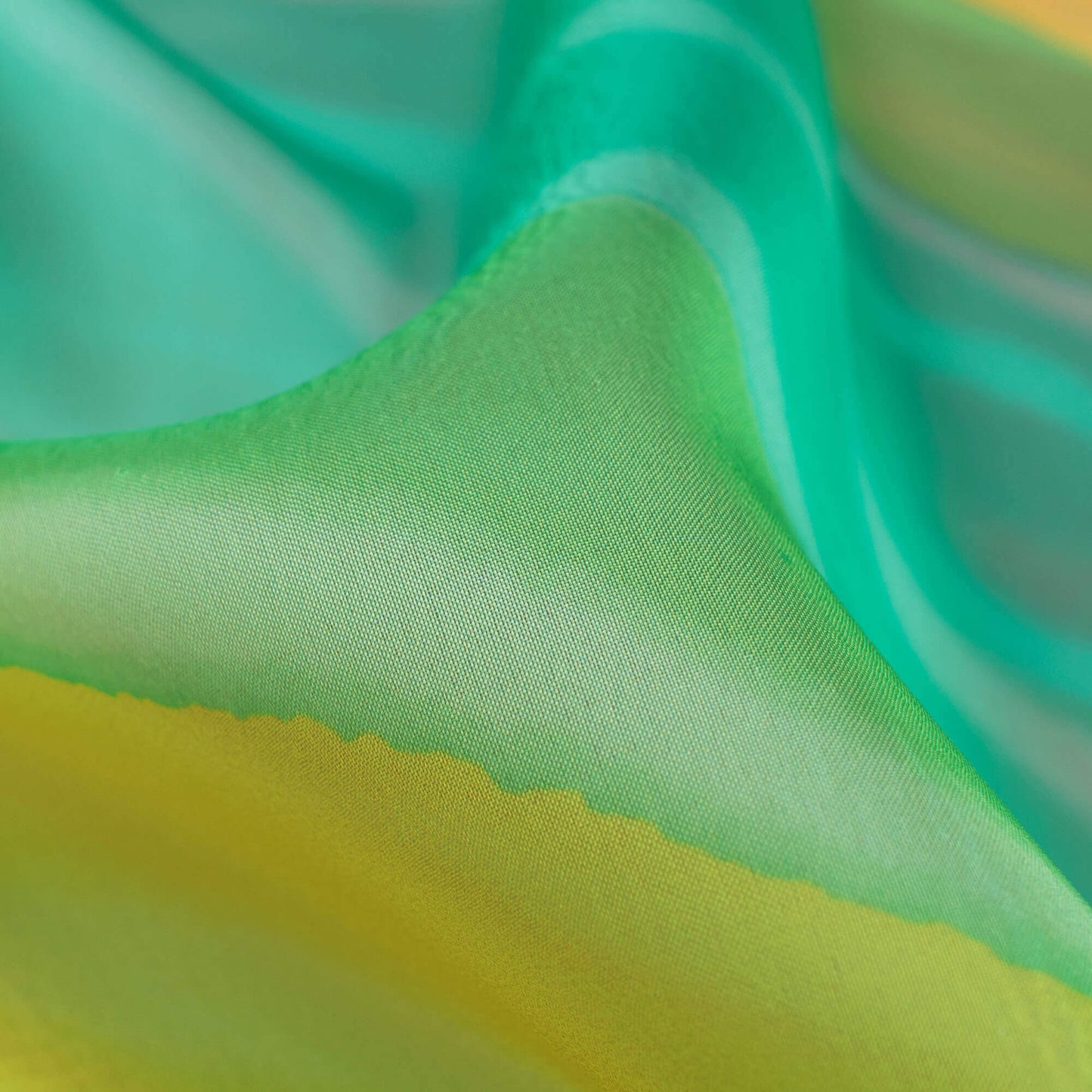 Yellow And Turquoise Leheriya Pattern Digital Print Premium Liquid Organza Fabric - Fabcurate