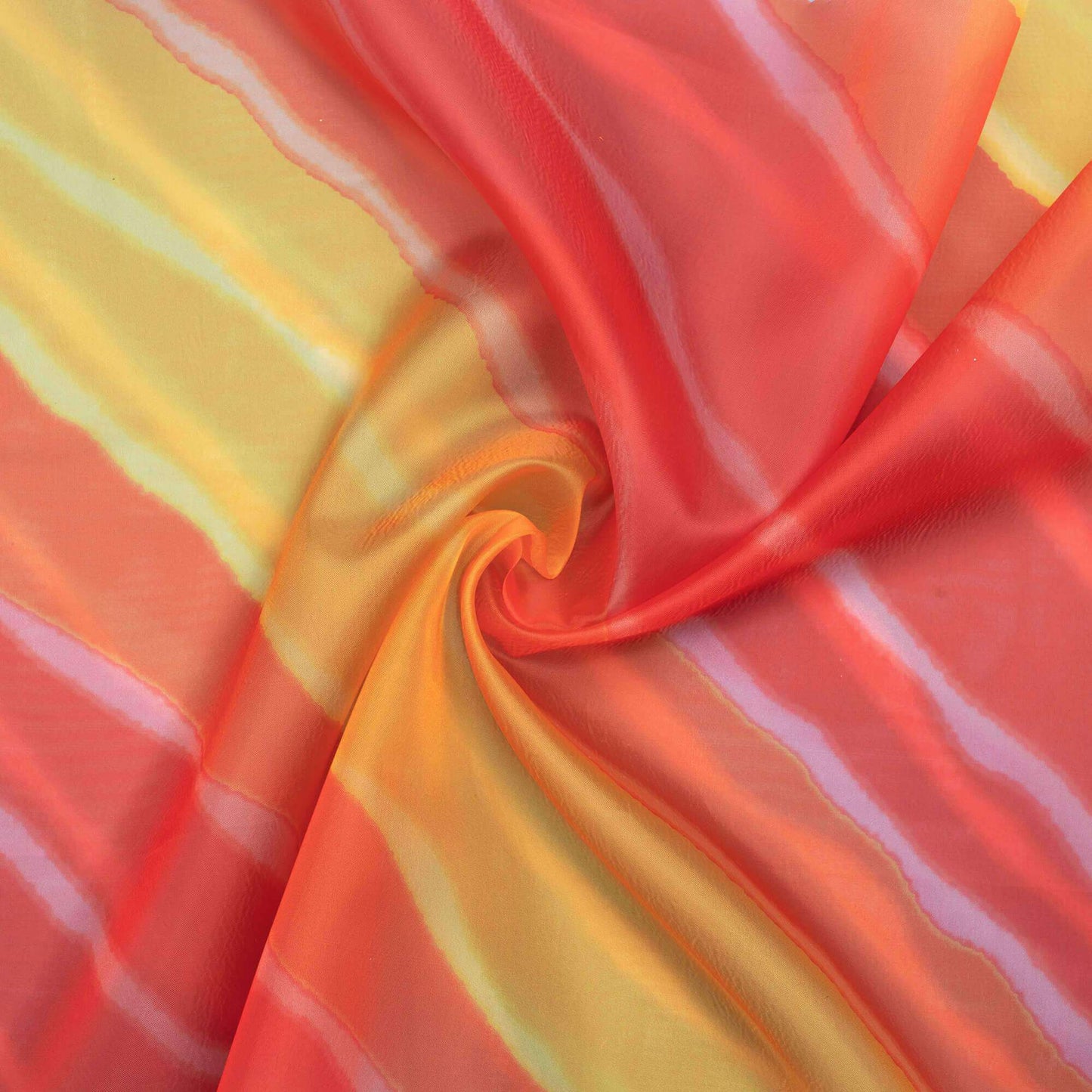 Yellow And Orange Leheriya Pattern Digital Print Premium Liquid Organza Fabric - Fabcurate