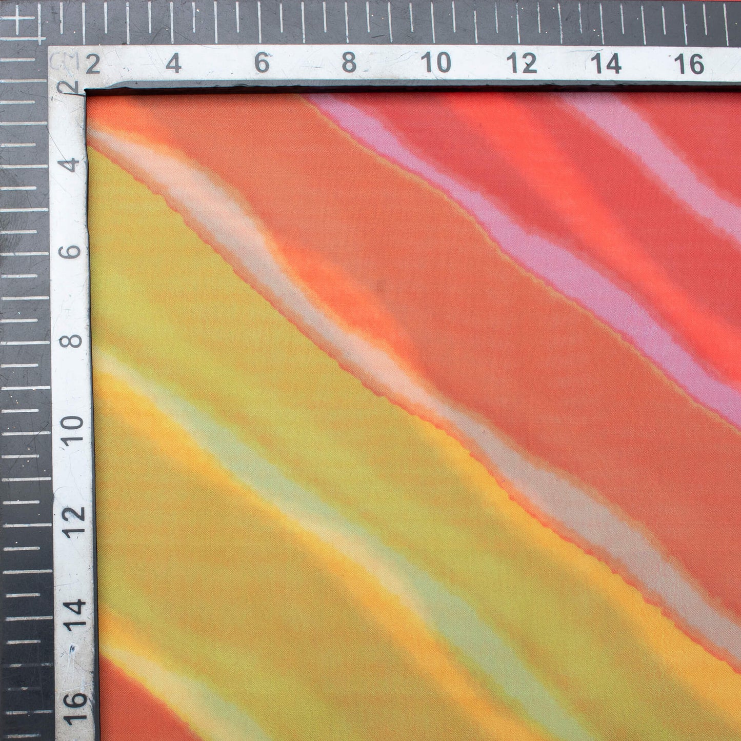 Yellow And Orange Leheriya Pattern Digital Print Premium Liquid Organza Fabric - Fabcurate