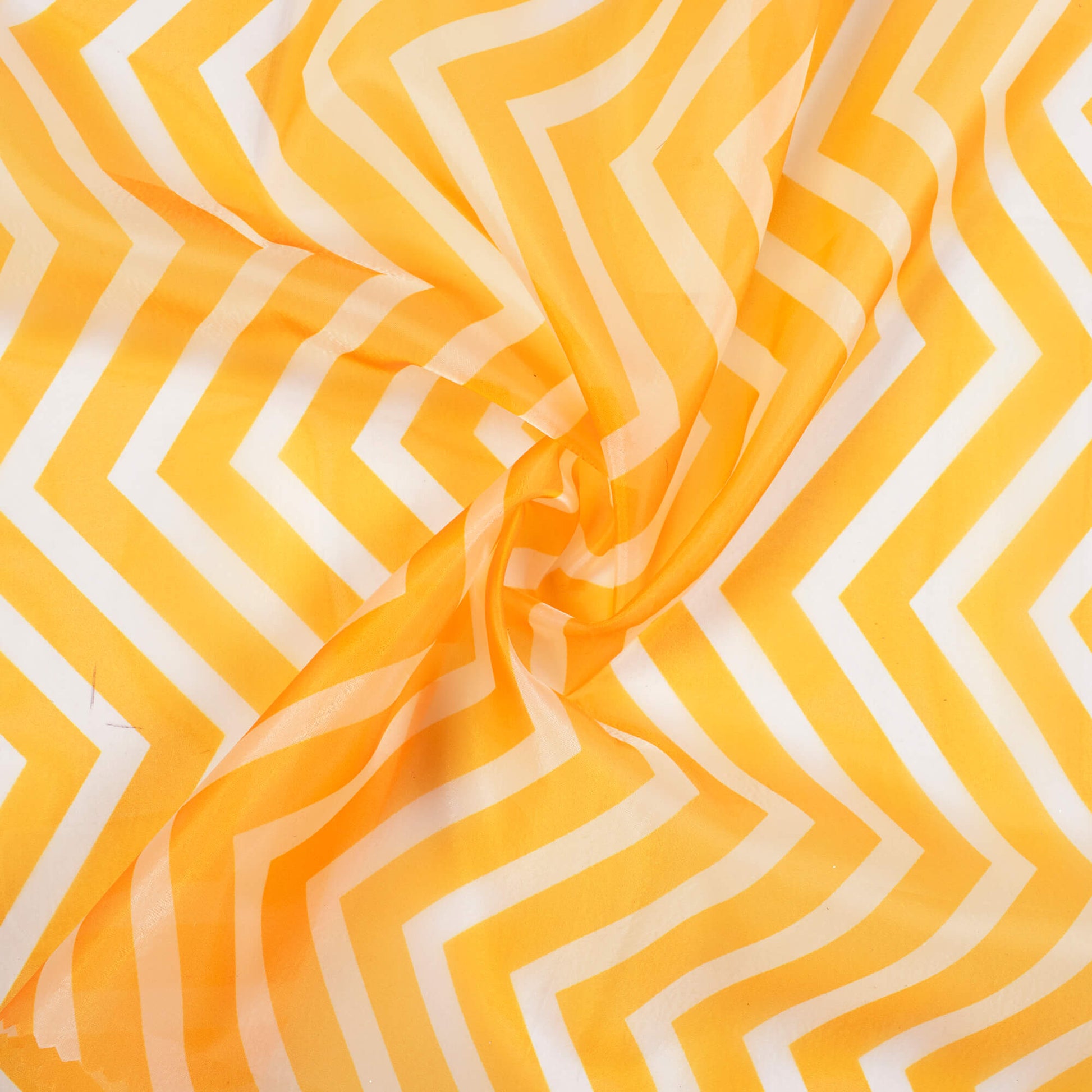 Honey Yellow And White Chevron Pattern Digital Print Premium Liquid Organza Fabric - Fabcurate