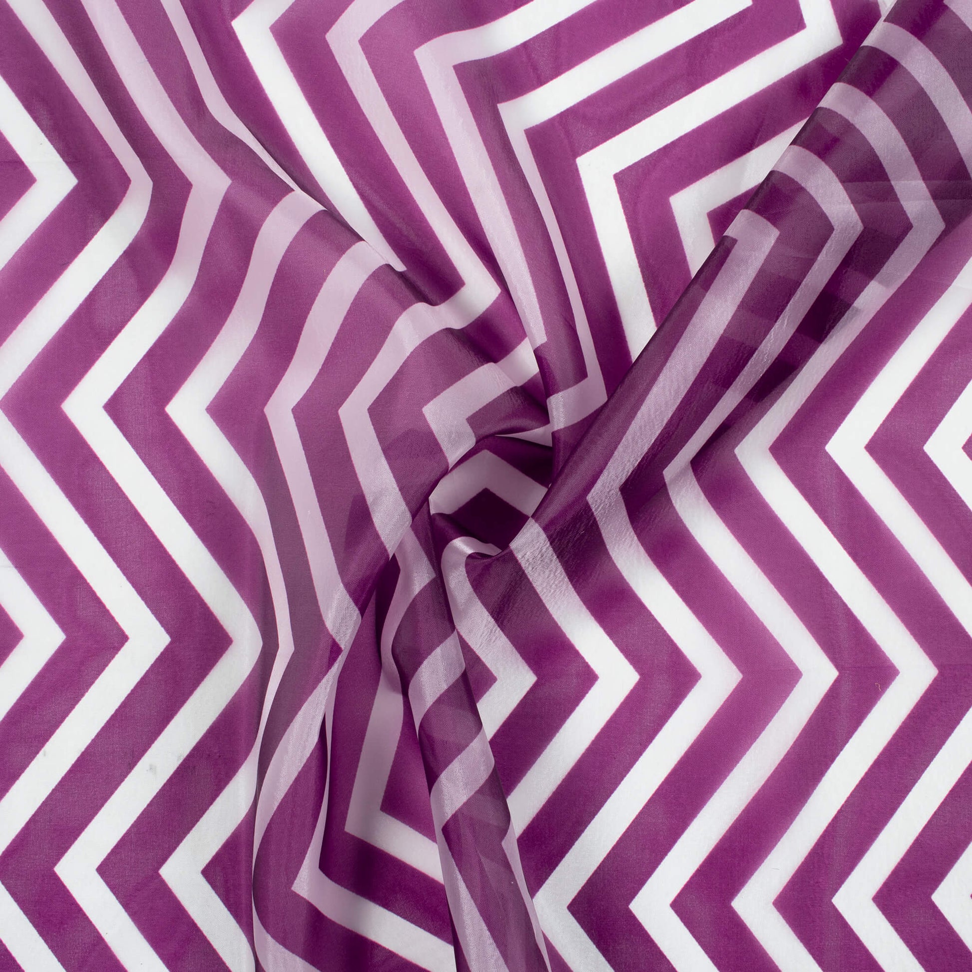 Grape Purple And White Chevron Pattern Digital Print Premium Liquid Organza Fabric - Fabcurate