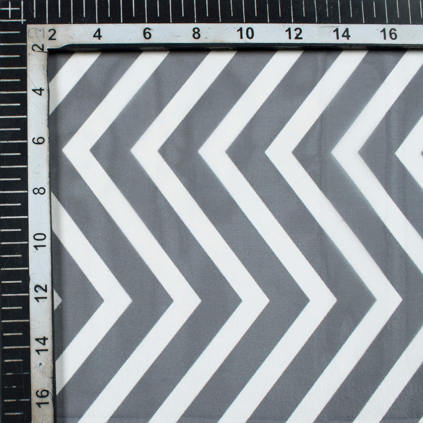 Dark Grey And White Chevron Pattern Digital Print Premium Liquid Organza Fabric - Fabcurate