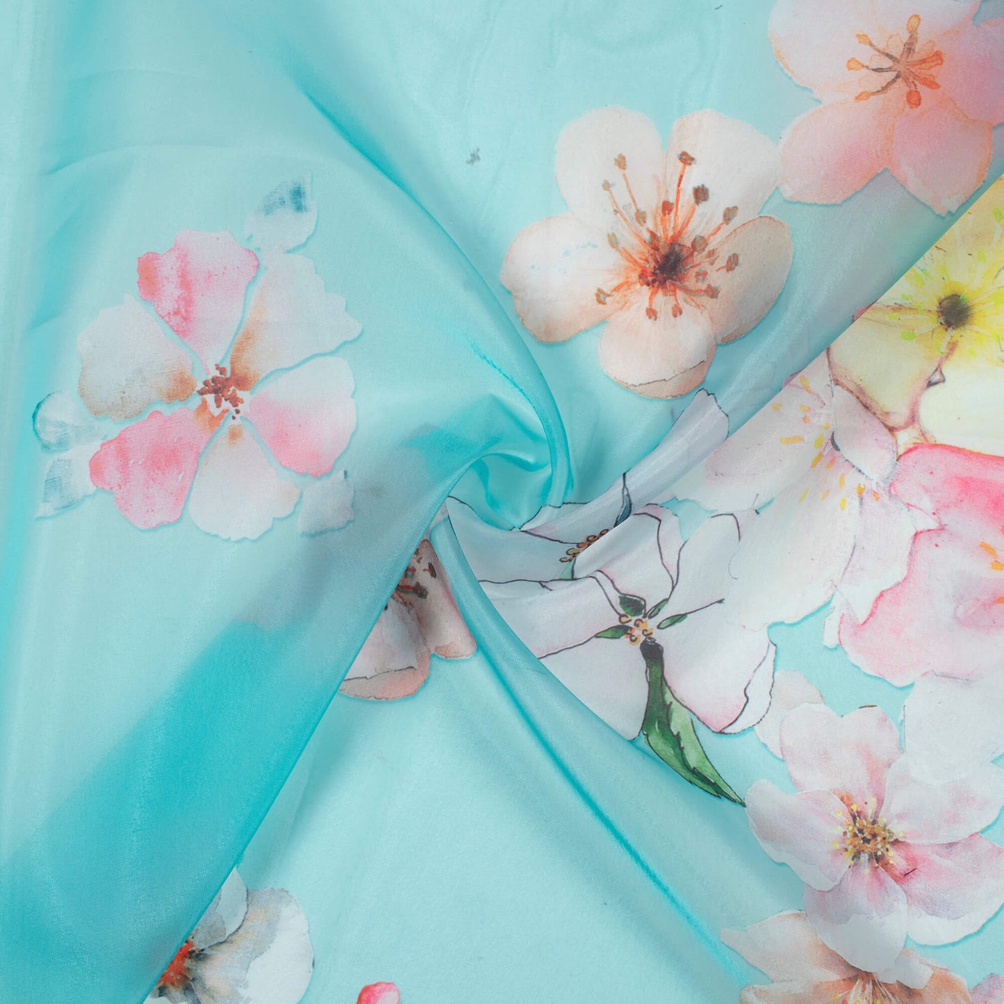 Celeste Blue And Orange Floral Pattern Digital Print Premium Liquid Organza Fabric - Fabcurate