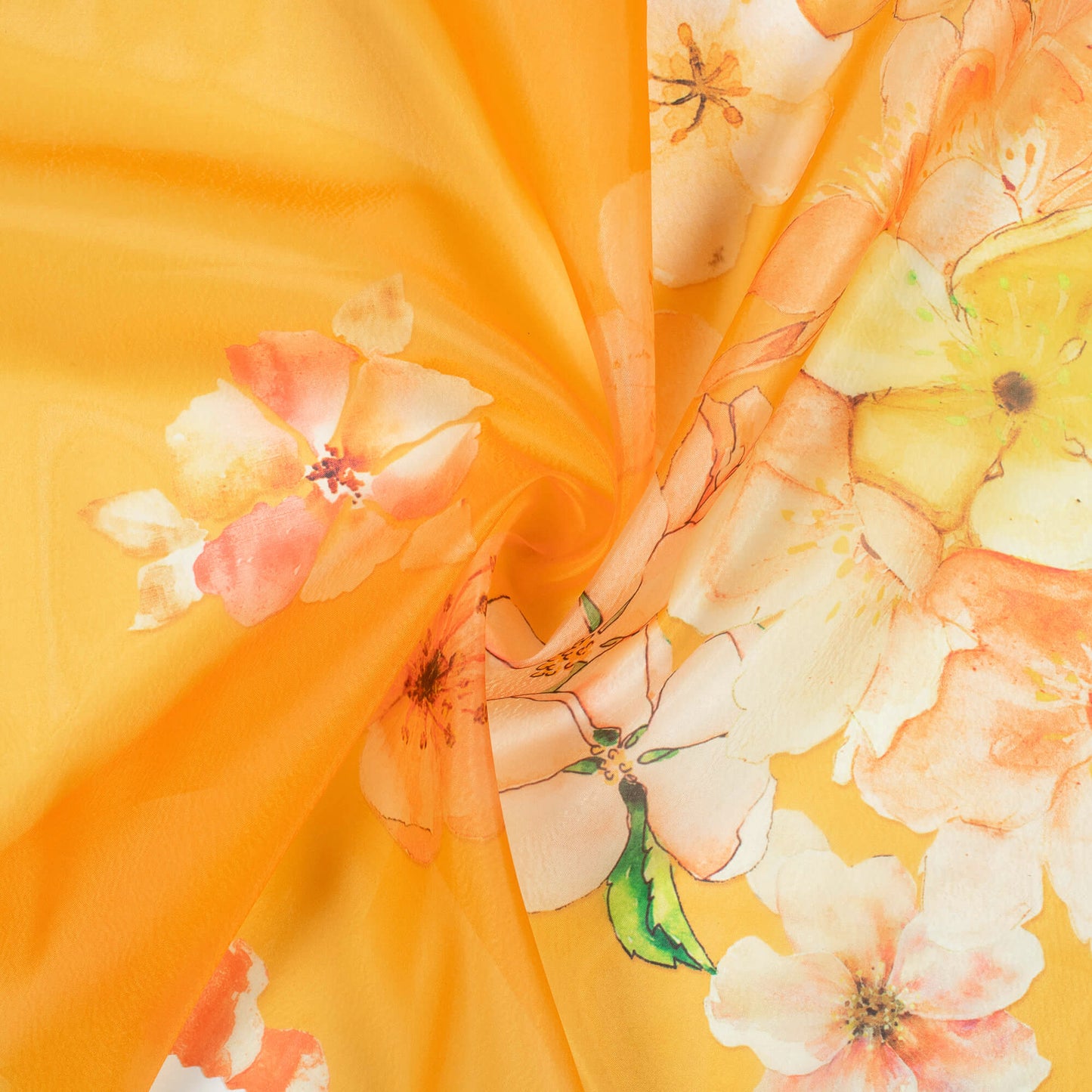 Honey Yellow And Orange Floral Pattern Digital Print Premium Liquid Organza Fabric - Fabcurate