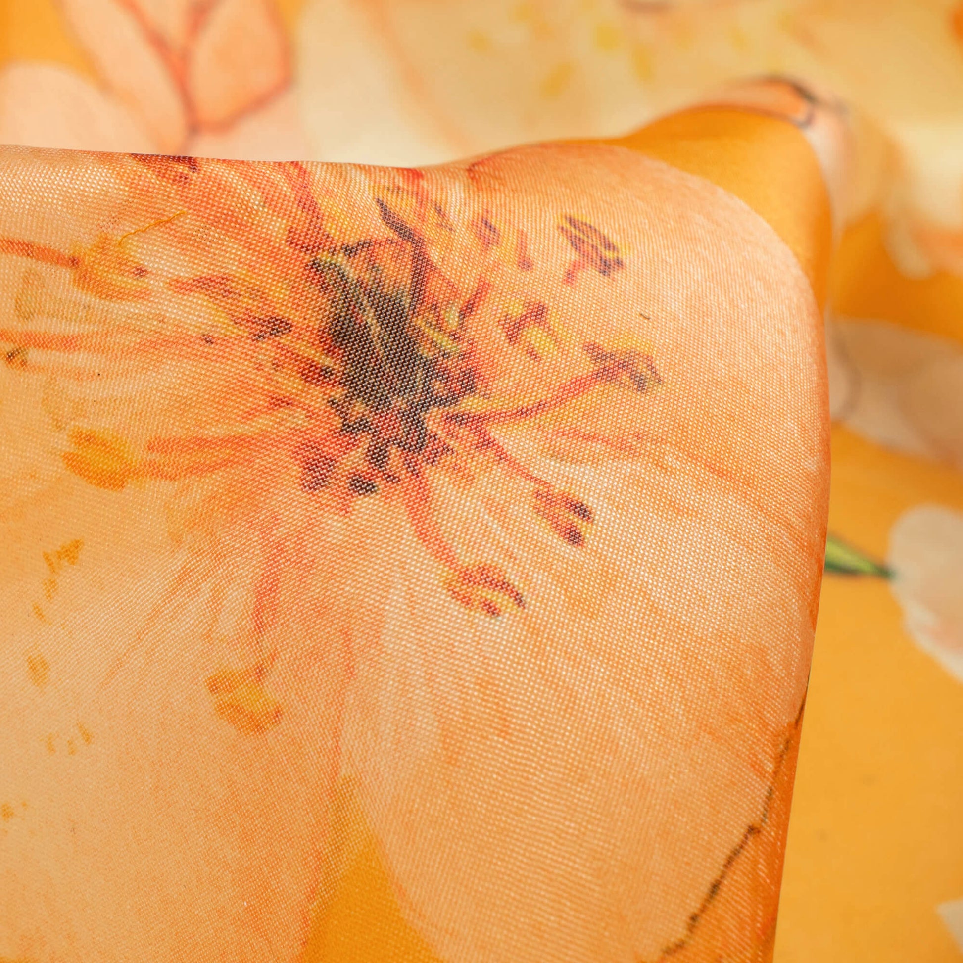 Honey Yellow And Orange Floral Pattern Digital Print Premium Liquid Organza Fabric - Fabcurate
