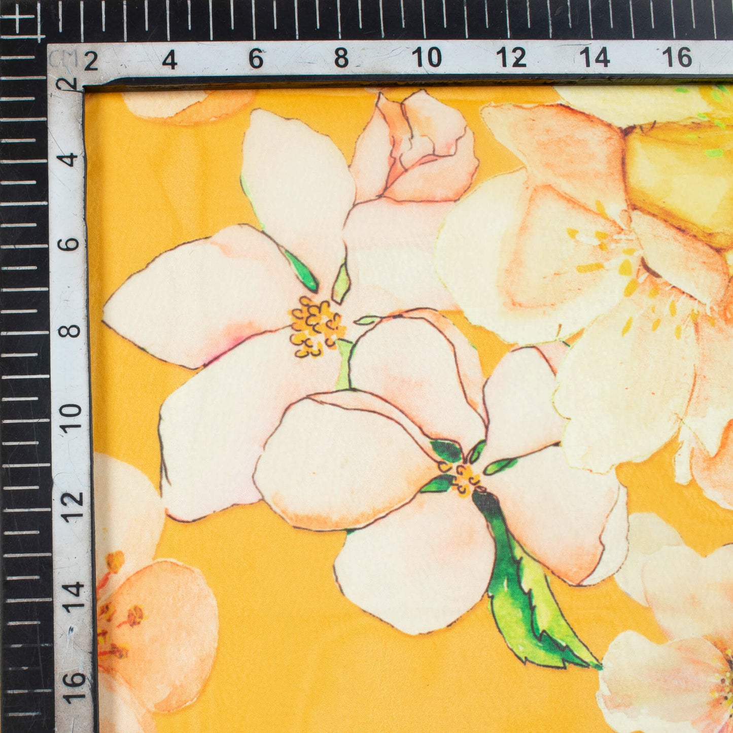 Honey Yellow And Orange Floral Pattern Digital Print Premium Liquid Organza Fabric - Fabcurate