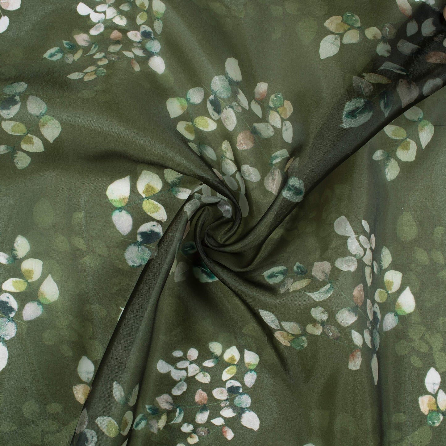 Army Green And White Floral Pattern Digital Print Premium Liquid Organza Fabric - Fabcurate