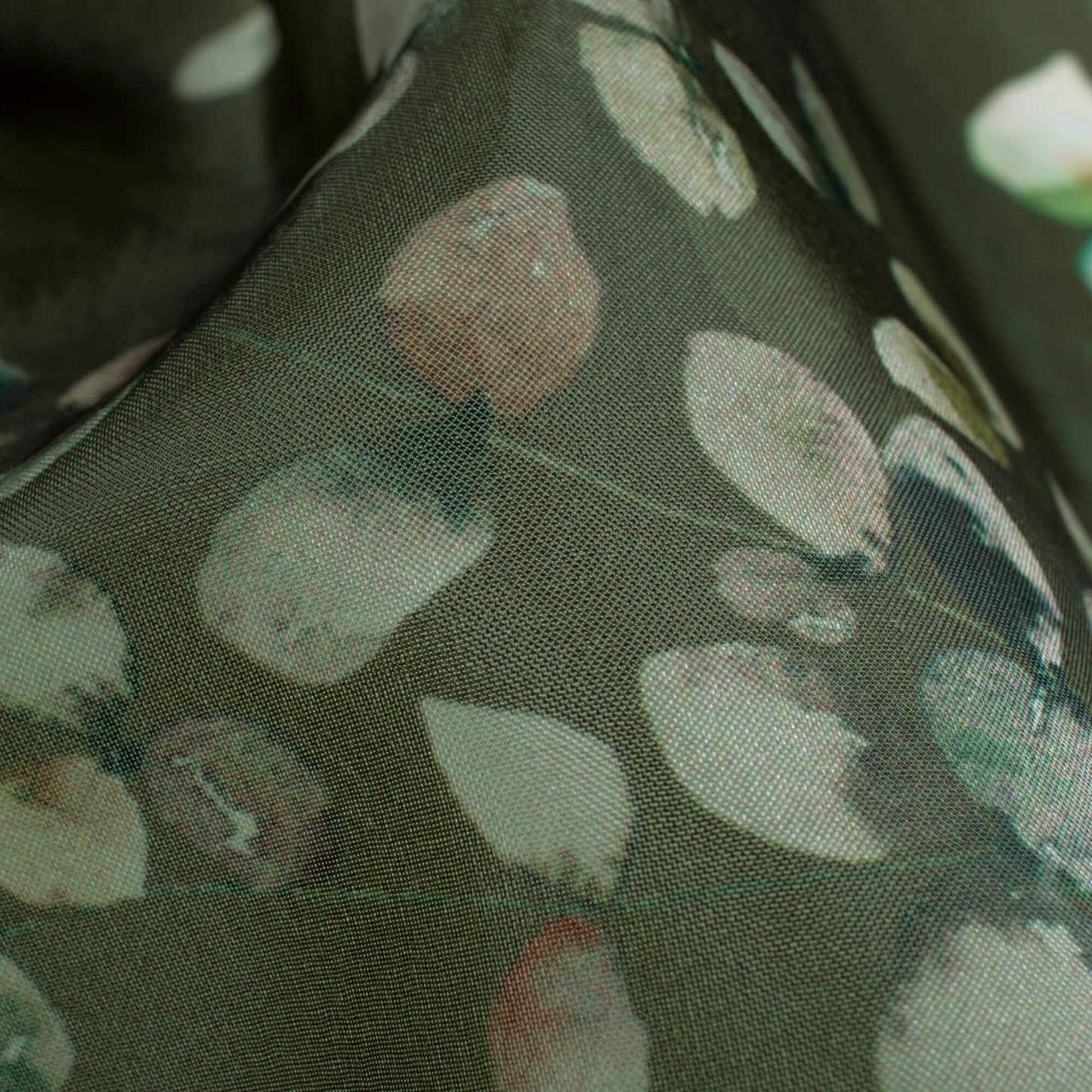 Army Green And White Floral Pattern Digital Print Premium Liquid Organza Fabric - Fabcurate